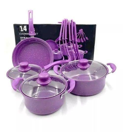 Juego De Ollas Cocina Antiadherente Set De Batería 14 Piezas Morado-0
