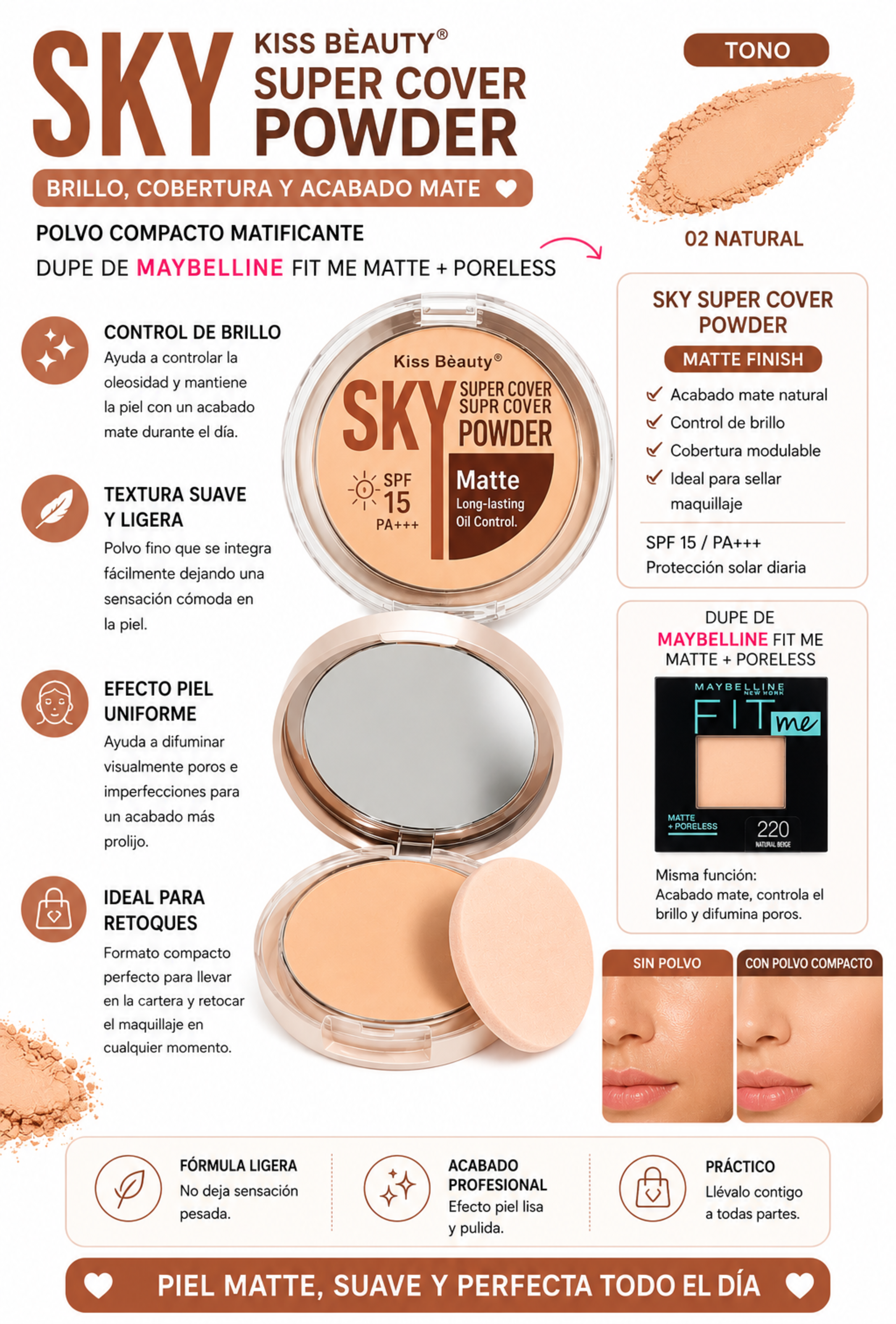 Polvo Compacto Kiss Beauty Sky Cover Matte SPF 15  Piel Perfecta Todo el Día-2