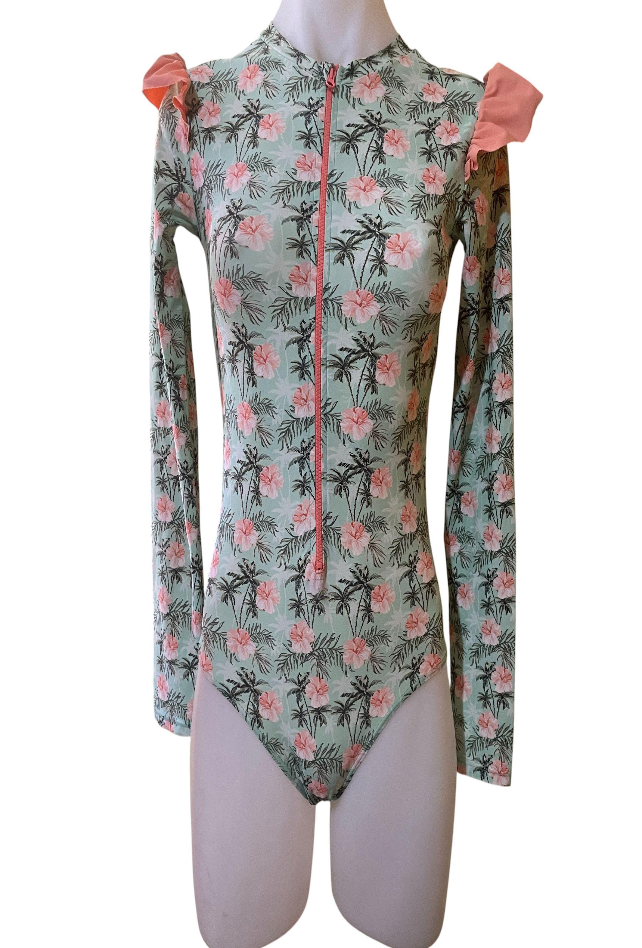 Traje de Baño Enterizo para Niña con Manga Larga y Estampado Floral Tropical (usado)-0