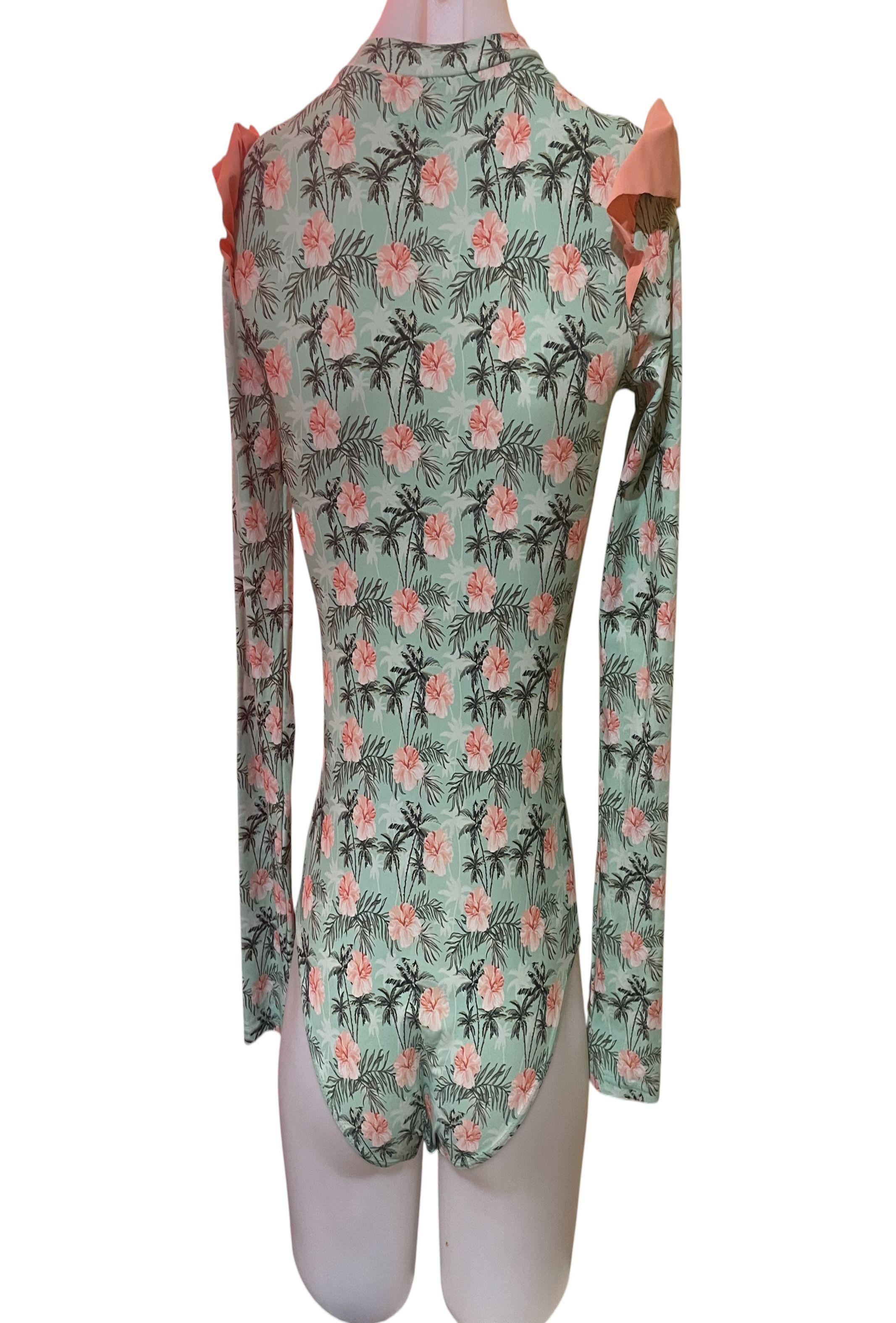 Traje de Baño Enterizo para Niña con Manga Larga y Estampado Floral Tropical (usado)-1