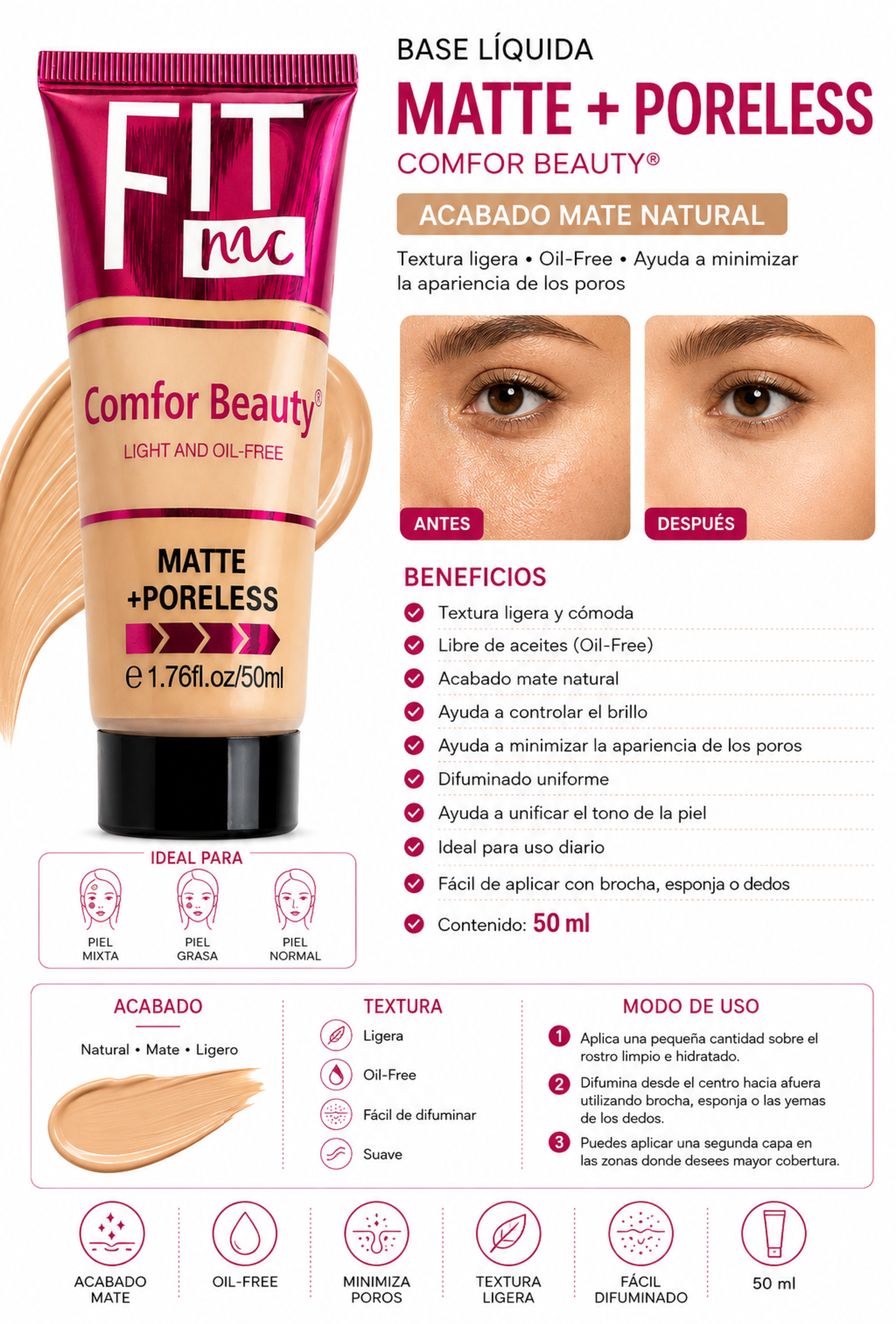 ¡Piel Perfecta Todo el Día! Base Mate Color 3 – Cobertura Natural y Control de Brillo-2