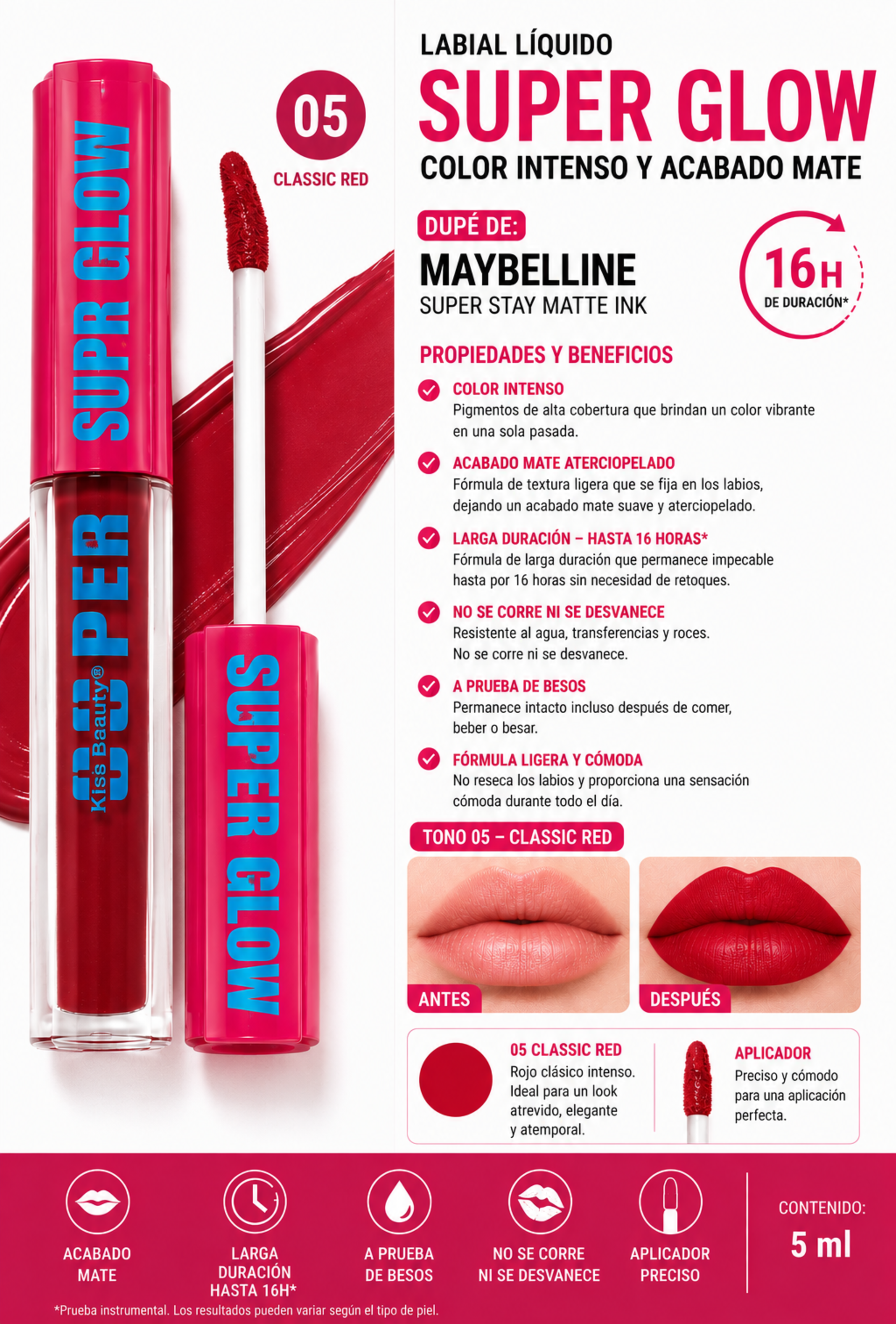 Labial Líquido Mate Super Glow de Larga Duración 16H-2