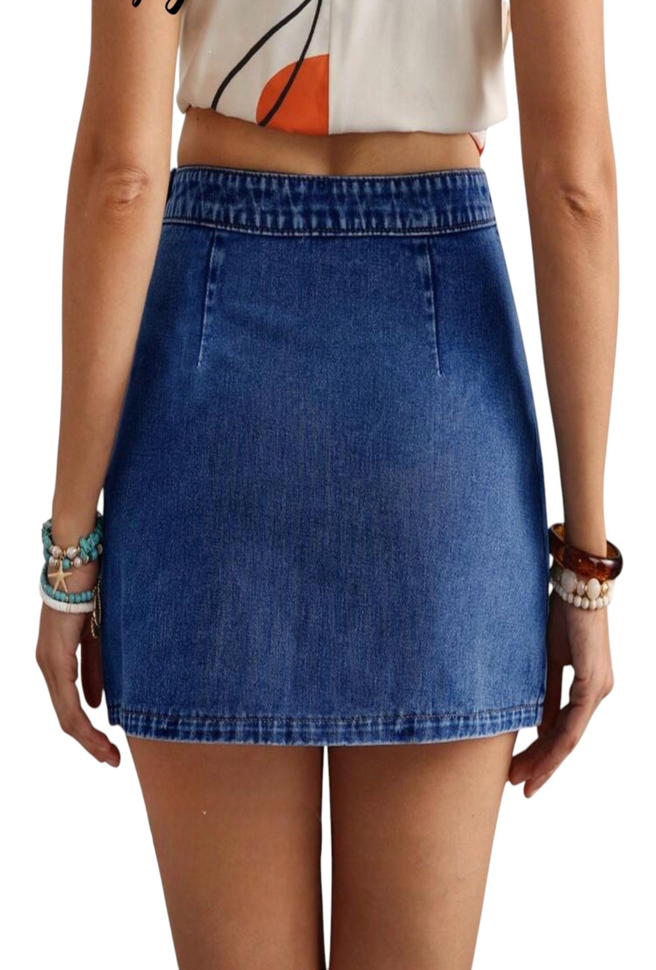 Mini falda de denim para mujer, corte recto con pliegues laterales y abertura frontal-2