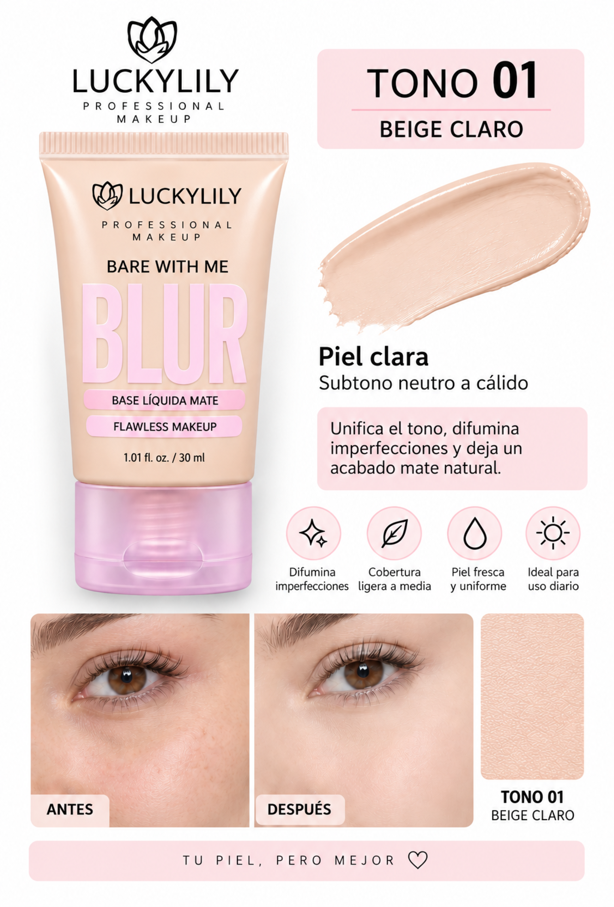 Base Líquida LuckyLily Bare With Me Blur 30 ml – Efecto Blur, Acabado Mate y Piel Uniforme-2