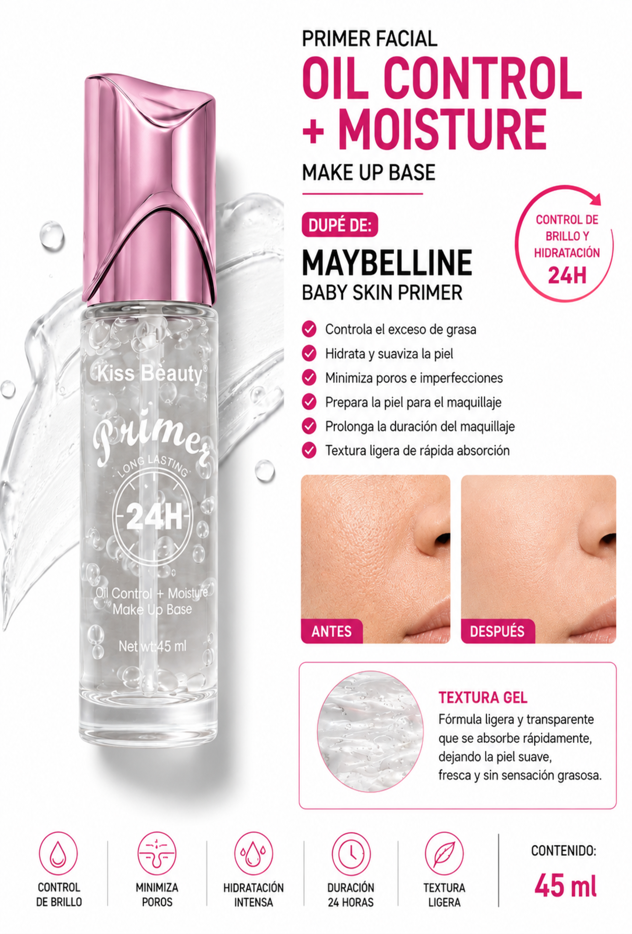 Controla el Brillo y Minimiza Poros | Primer Hidratante Kiss Beauty-3