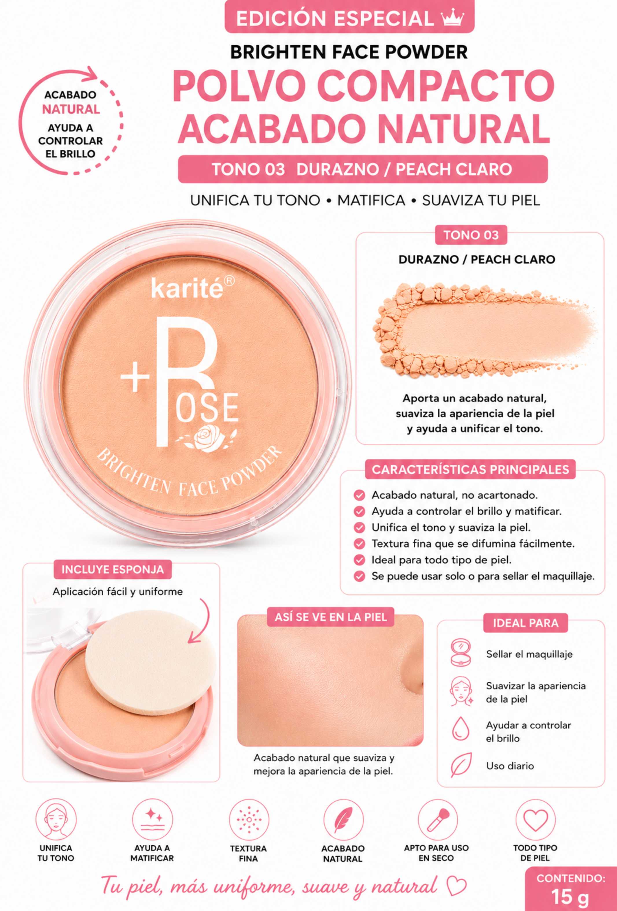 Polvo Compacto Karité +Rose Tono 03 – Piel Lisa, Natural y sin Brillos-2