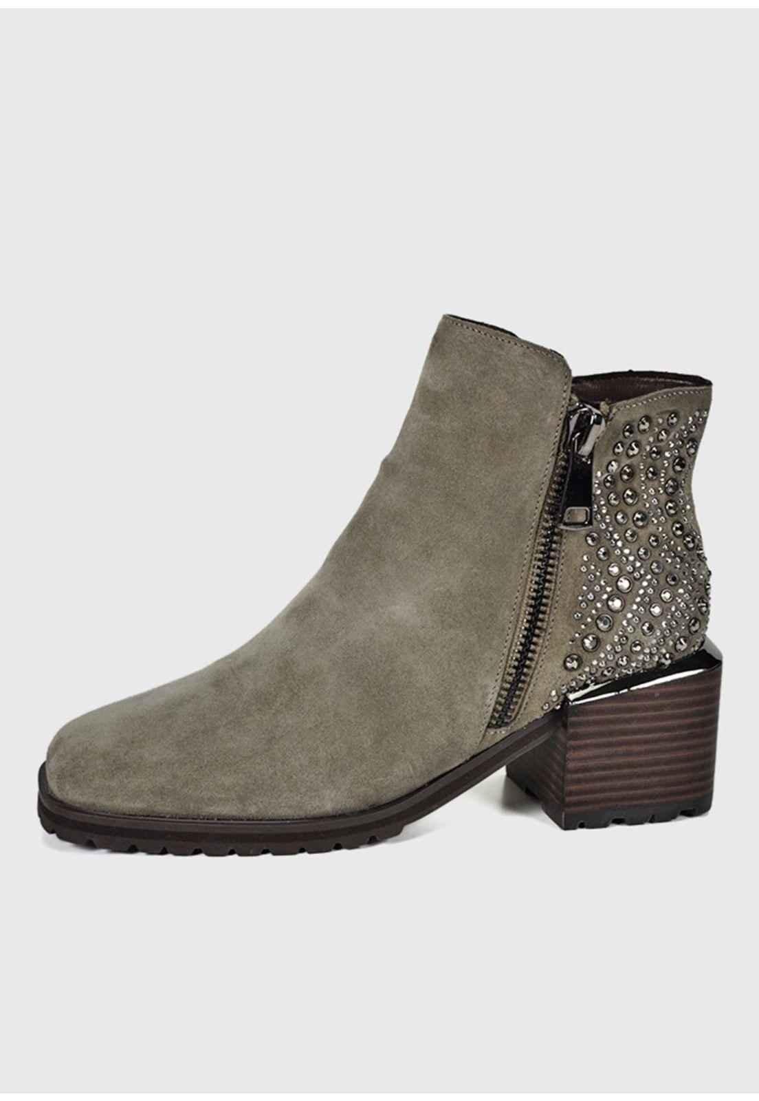 Botín Cuero Plunie Taupe con pedreria brillante-1