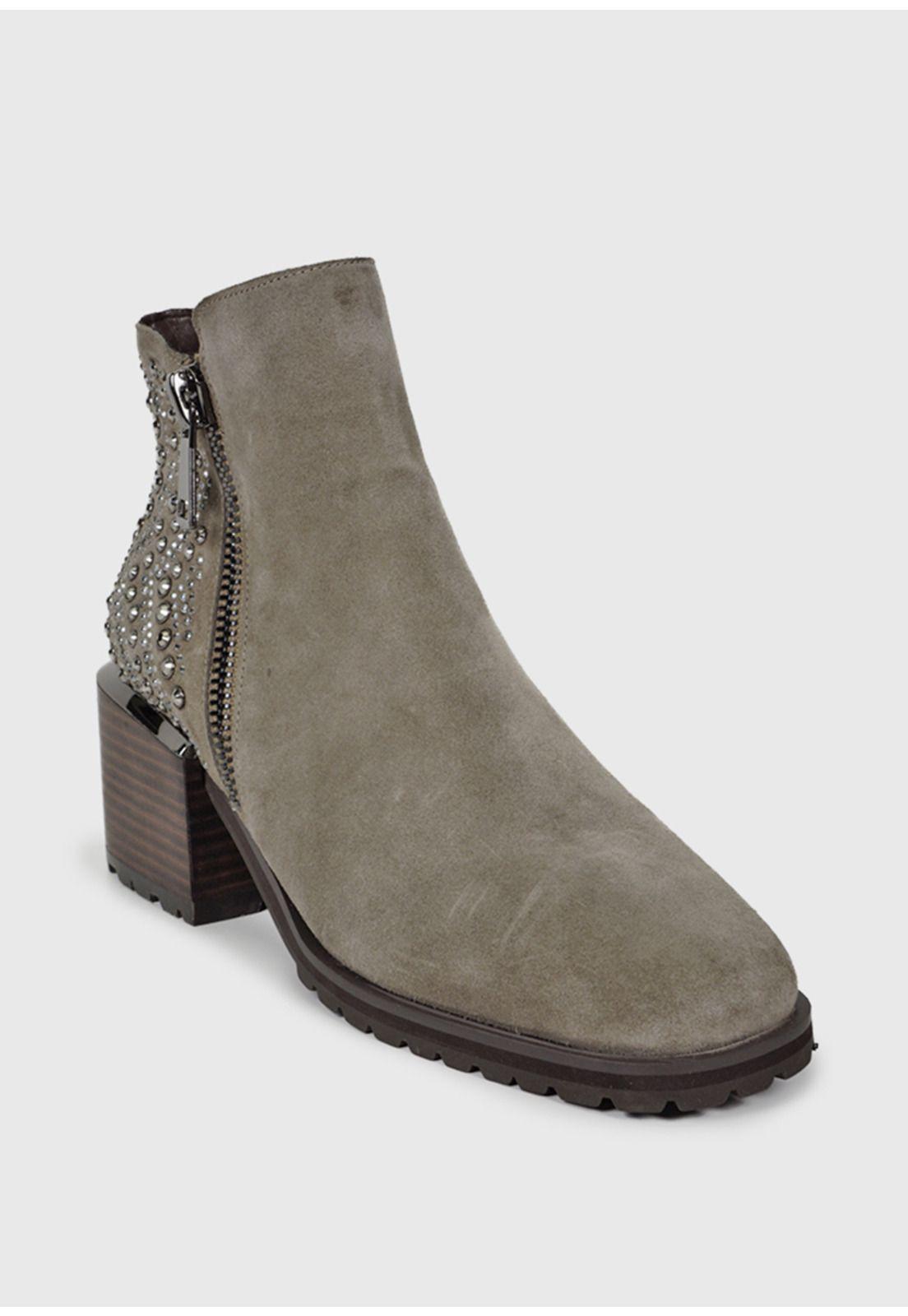 Botín Cuero Plunie Taupe con pedreria brillante-2