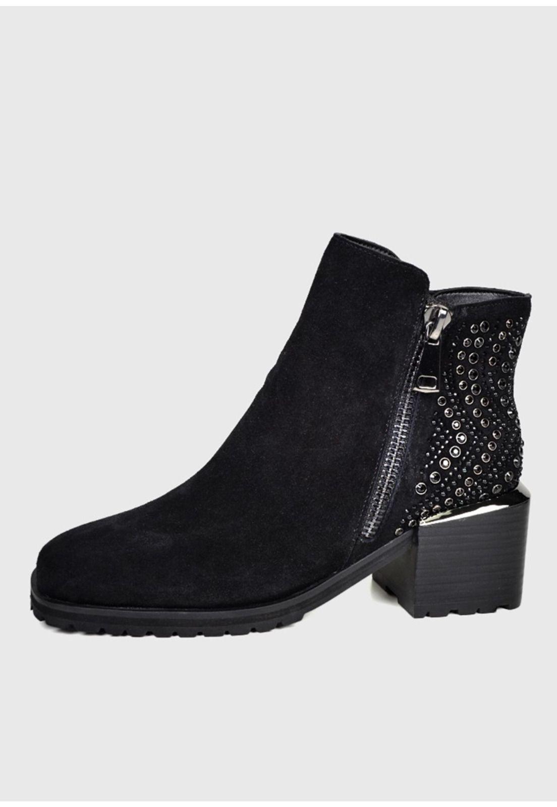 Botín Cuero Plunie Negro con prederia brillante-1