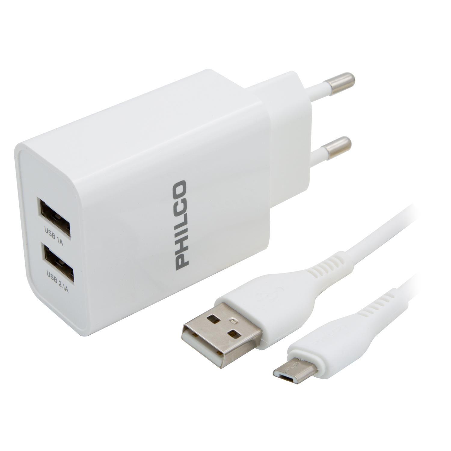 CARGDOR 220 VOLT 2,1 AMPERES DOBLE USB Y CON CABLE PHILCO-2