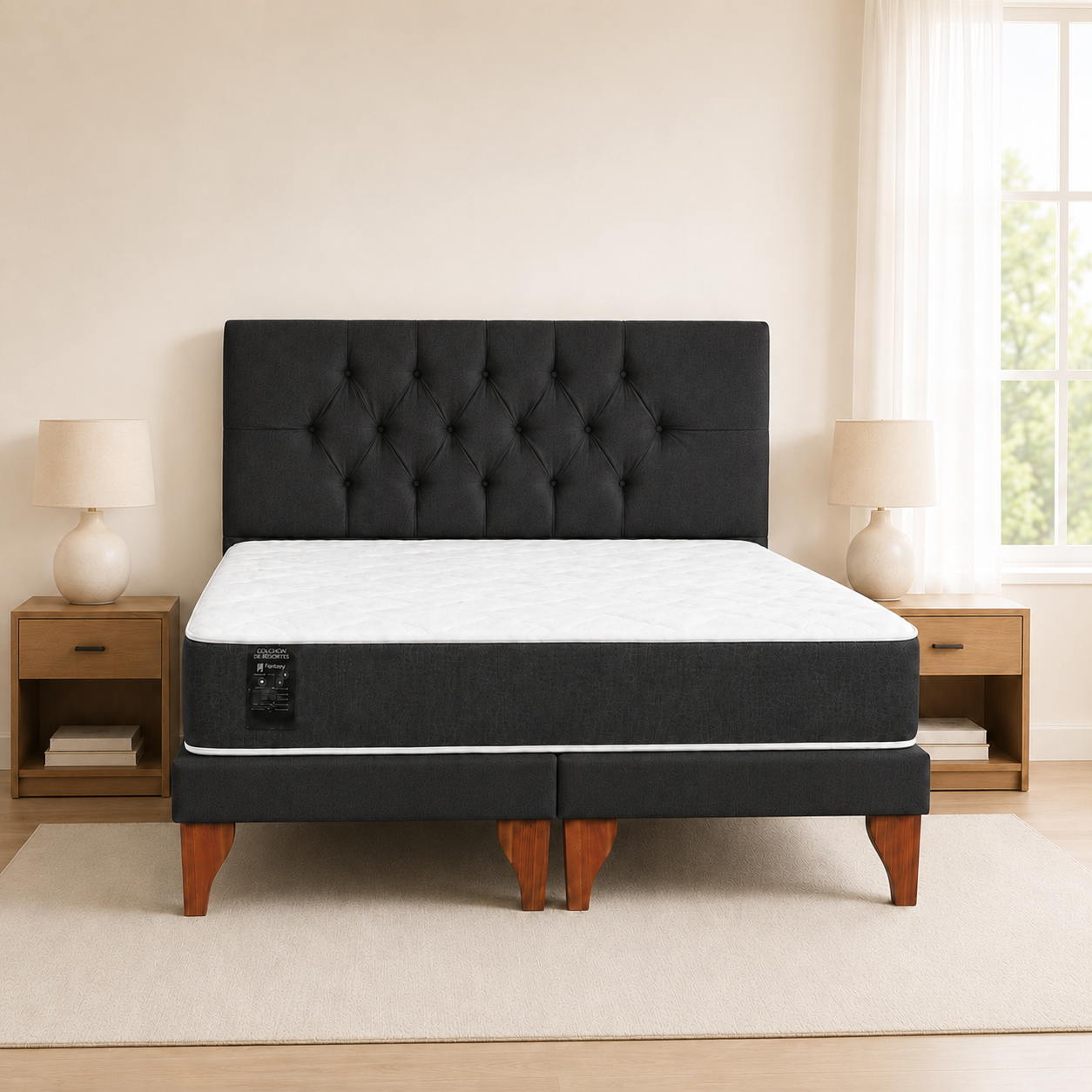 Cama King Size Completa Base mas Respaldo Capitone y Colchon Mery Desing-2