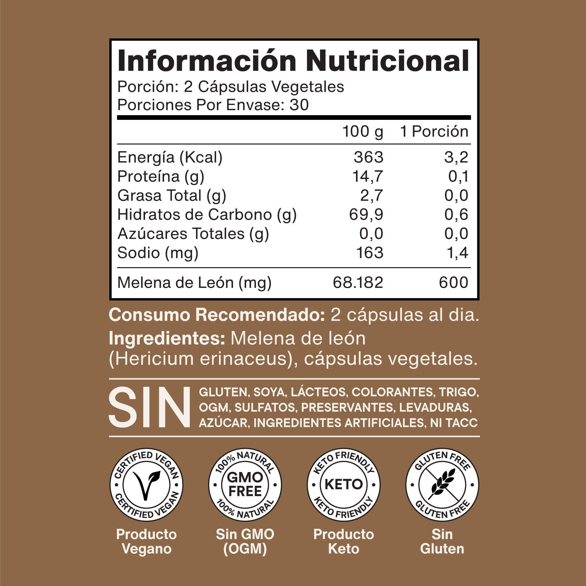 Melena de León 600mg Pack 2x60 Cápsulas Natural NutraCore-3