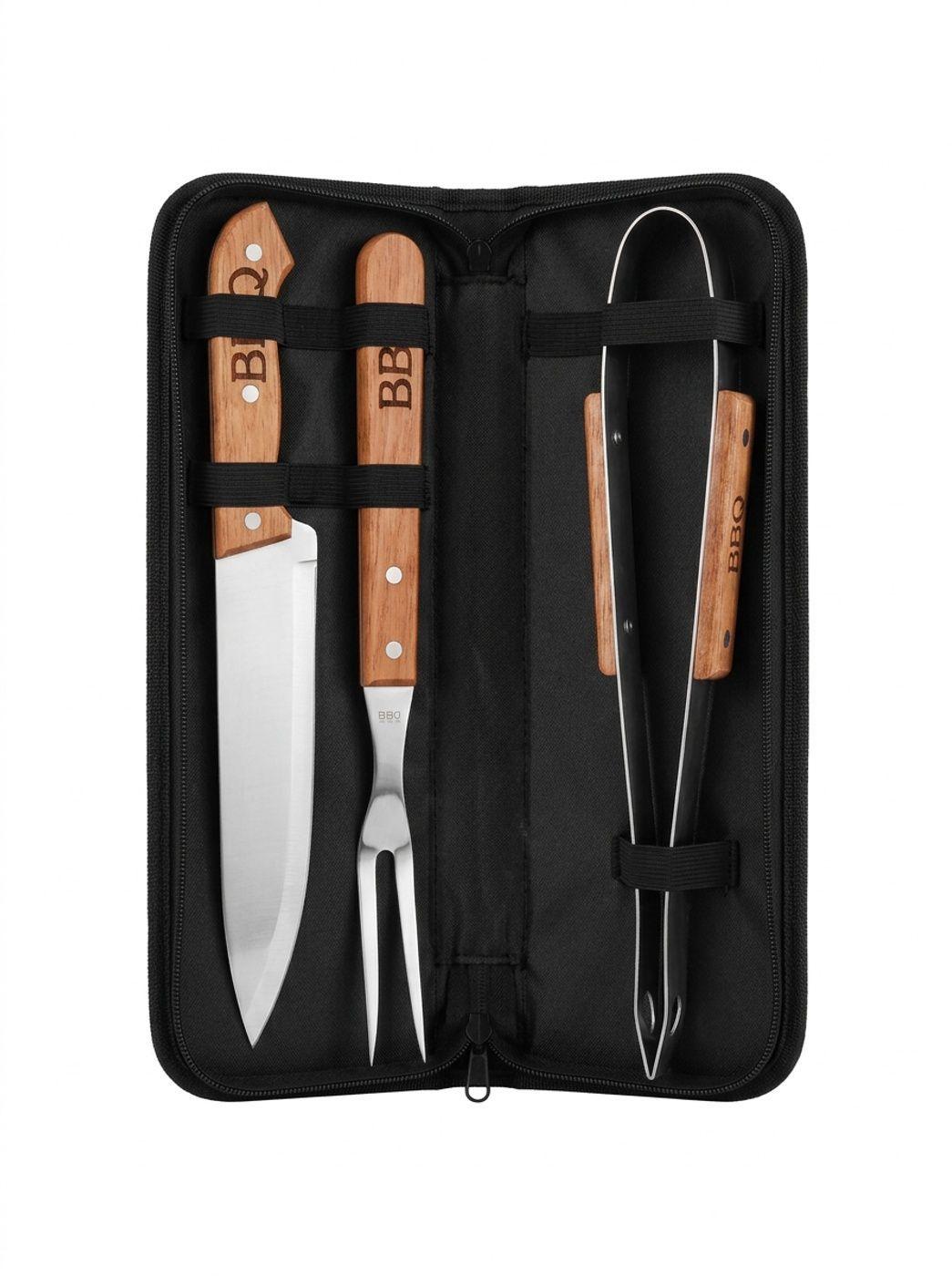 Set Parrillero Cuchillo Pinza Pincho Mango Madera Estuche-0