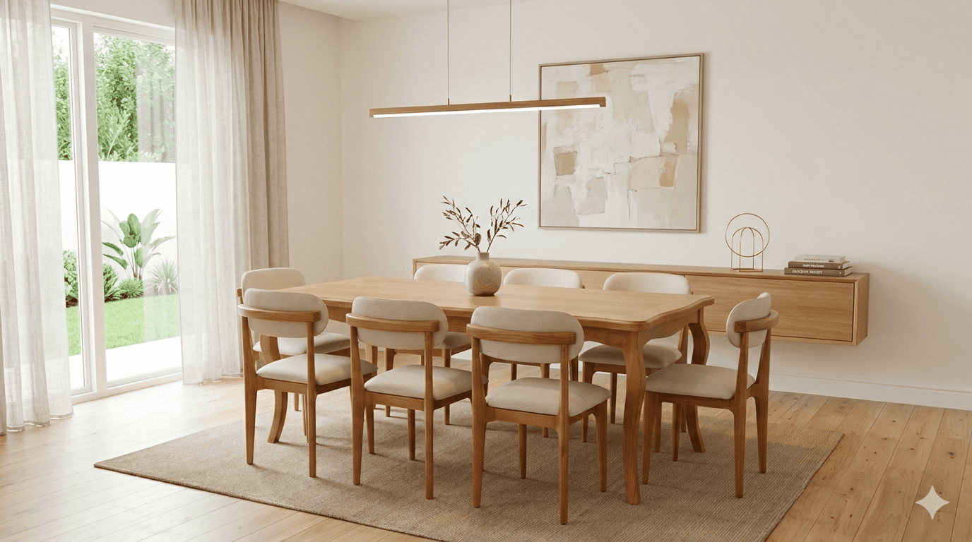 Comedor Monaco 100x200 8 sillas tapiz crudo-2