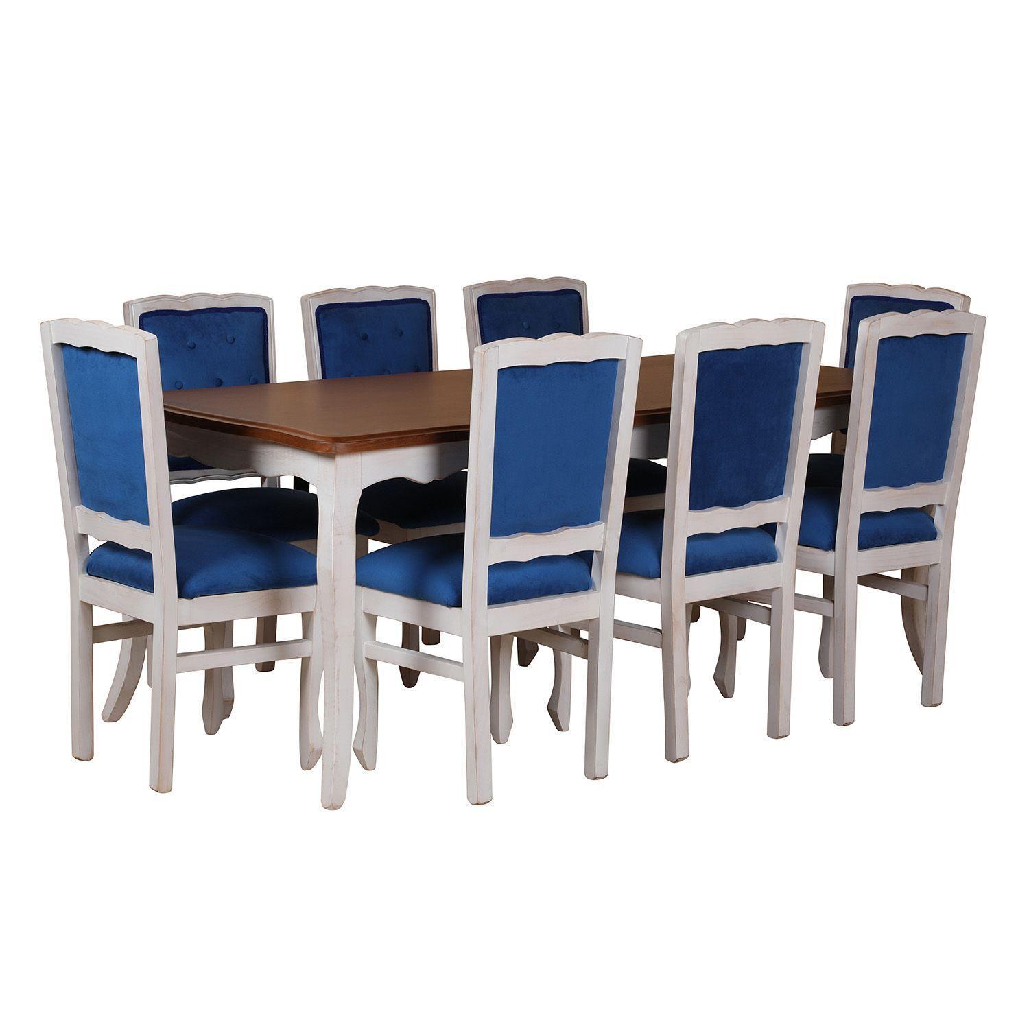 Comedor 8 Sillas Normando cubierta miel 100x200 tapizado Azul-2