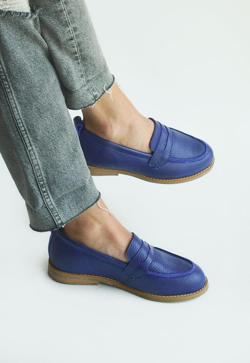 Mocasin Mujer De Cuero Coligue Azul C14-7
