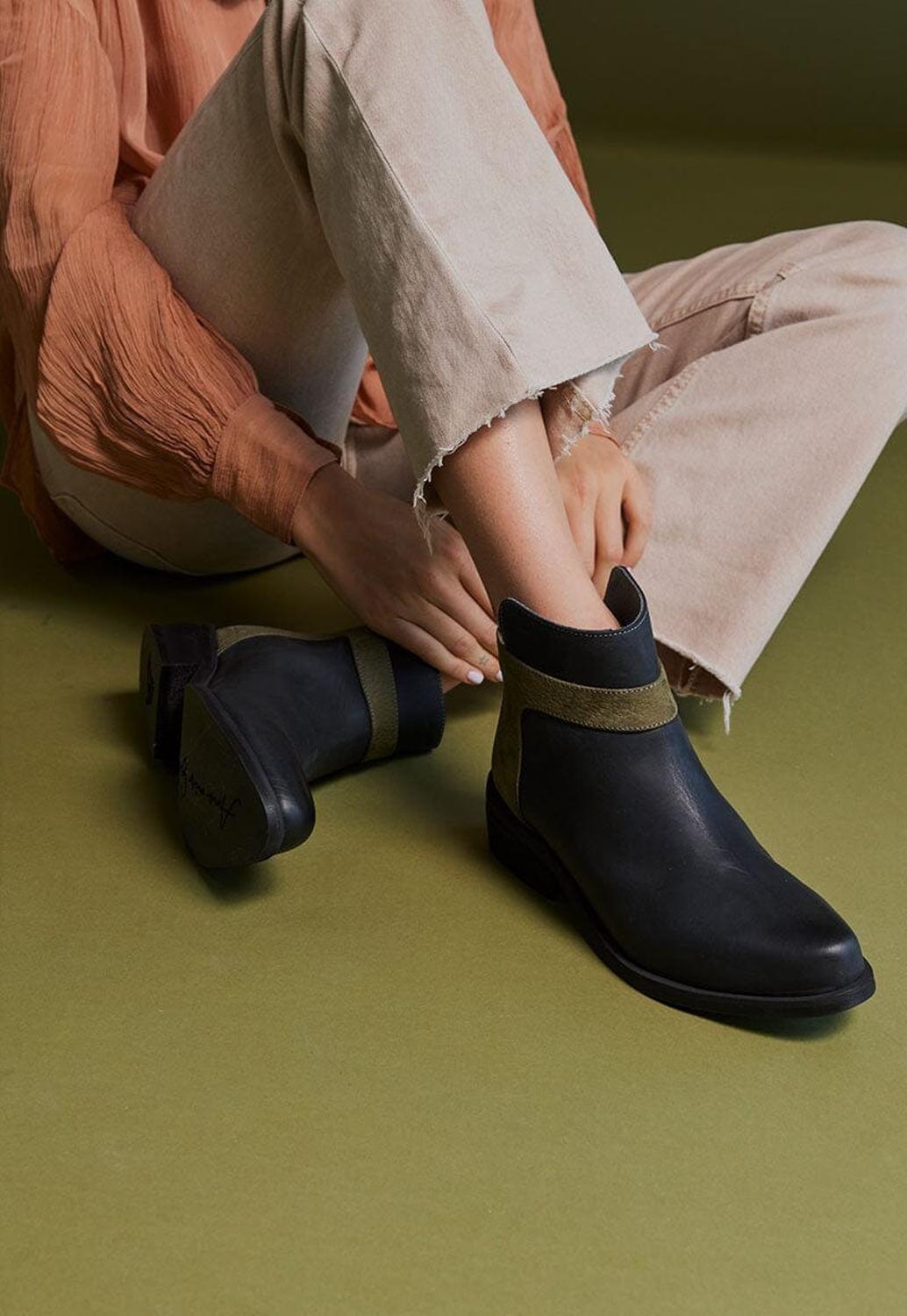 Botin Mujer De Cuero Antonieta Negro Verde C1-0