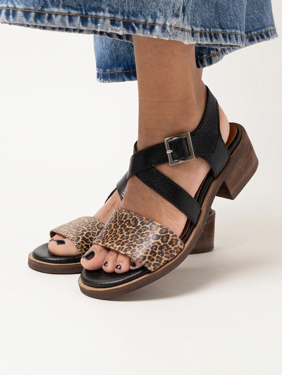 Sandalia Cuero Mujer  Salteador Leopardo Negro-4