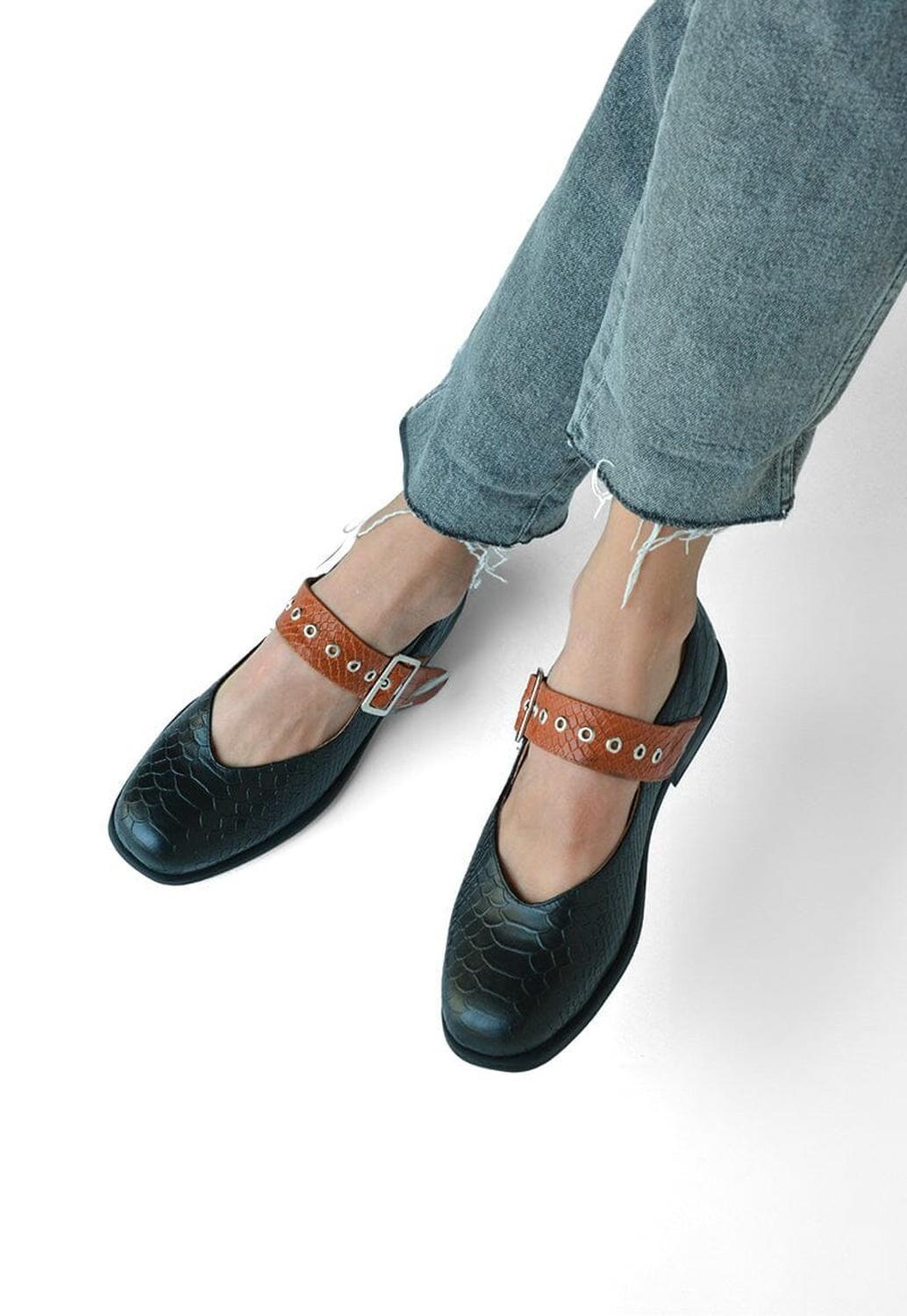 Zapato Mujer De Cuero Malala Negro Naranjo C2-5