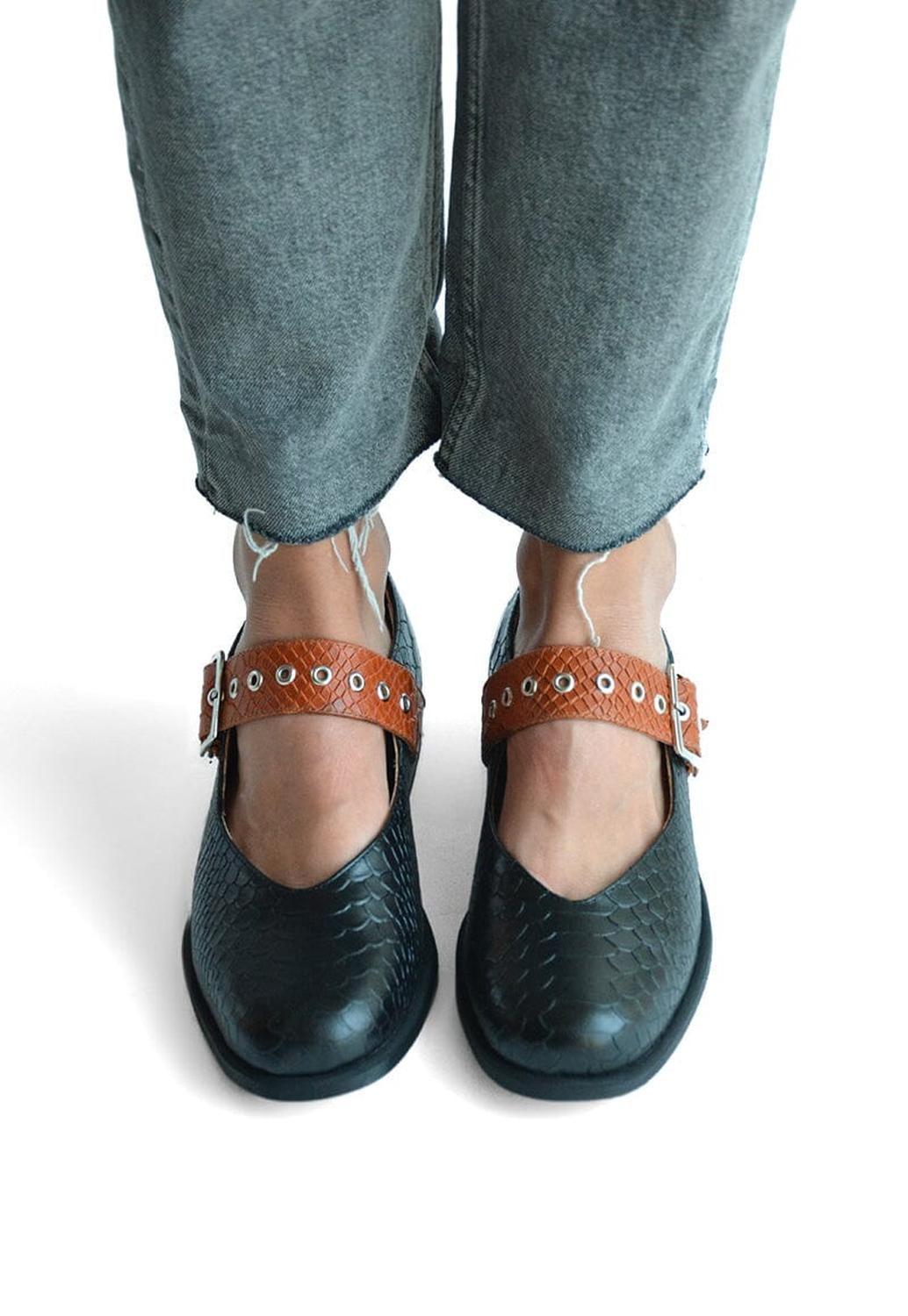 Zapato Mujer De Cuero Malala Negro Naranjo C2-6