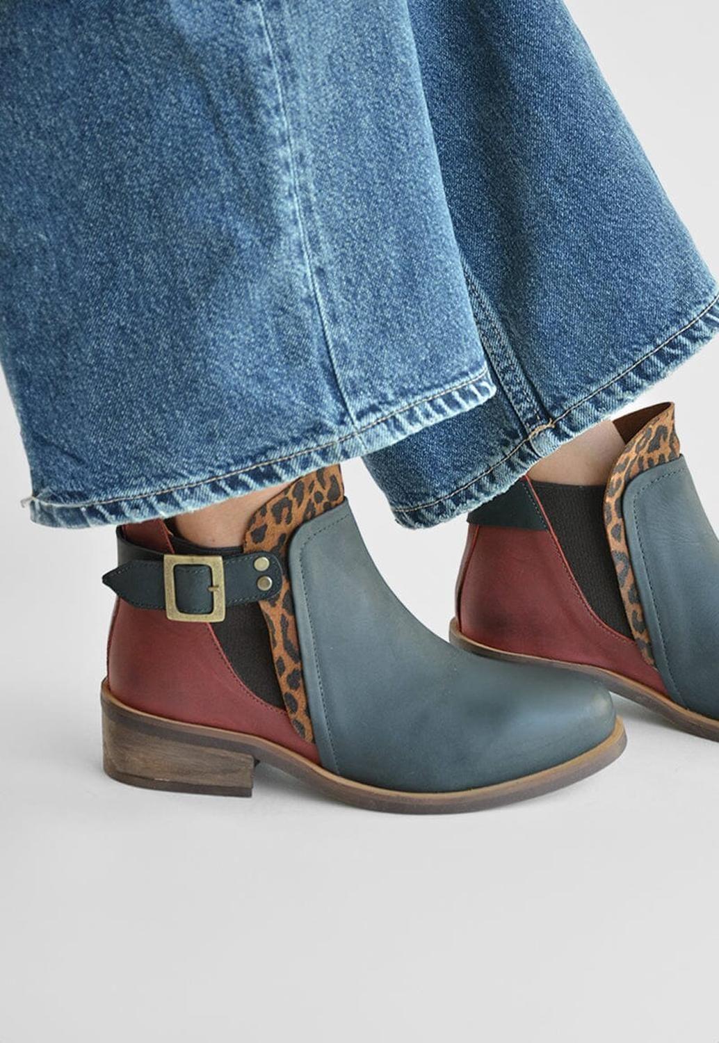 Botin Mujer De Cuero Angu Negro Burdeo C10-0