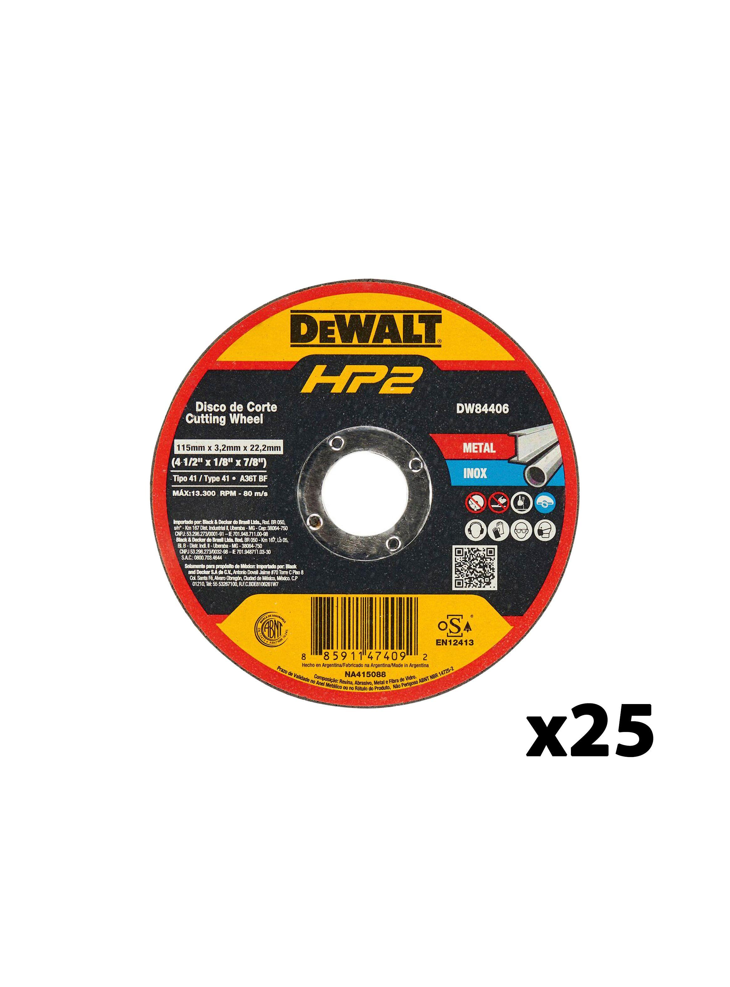 Set 25 discos corte metal/acero inox 4-1/2"x1/8" DEWALT DW84406-0