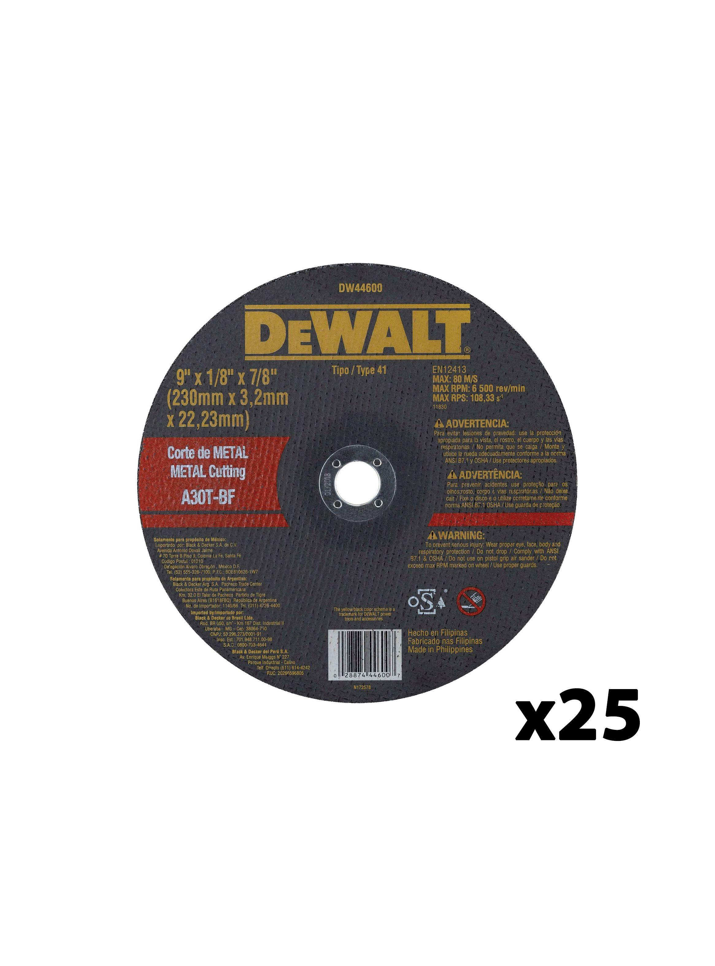 Set 25 discos corte de metal 9" x 1/8" DEWALT DW44600-0