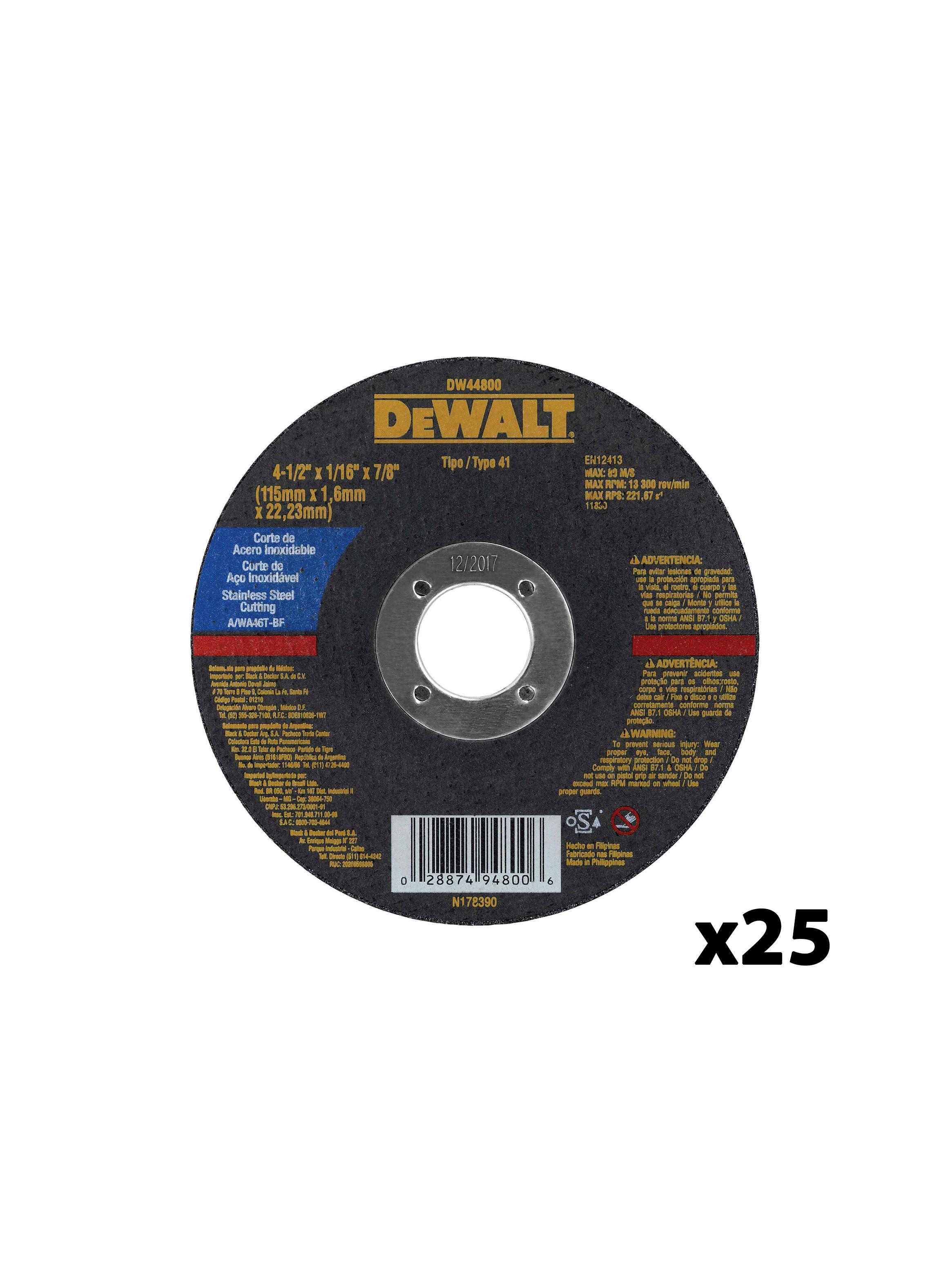 Set 25 discos corte metal/acero 4-1/2"x1/16" DEWALT DW44800-0