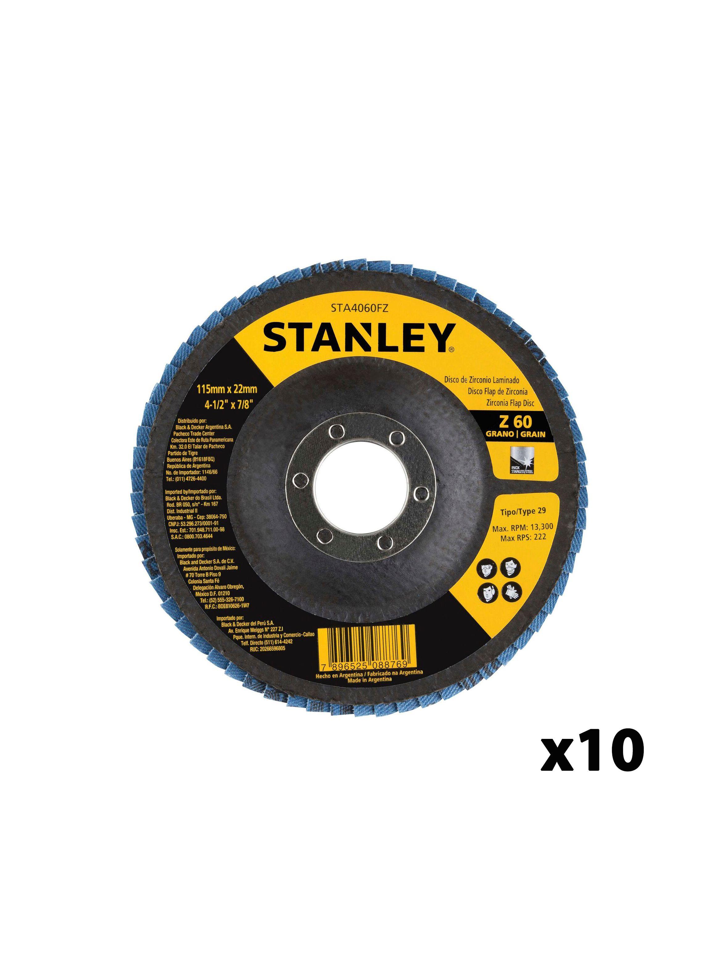 Set 10 discos flap zirconio 4-1/2” G60 STANLEY STA4060FZ-BR-0
