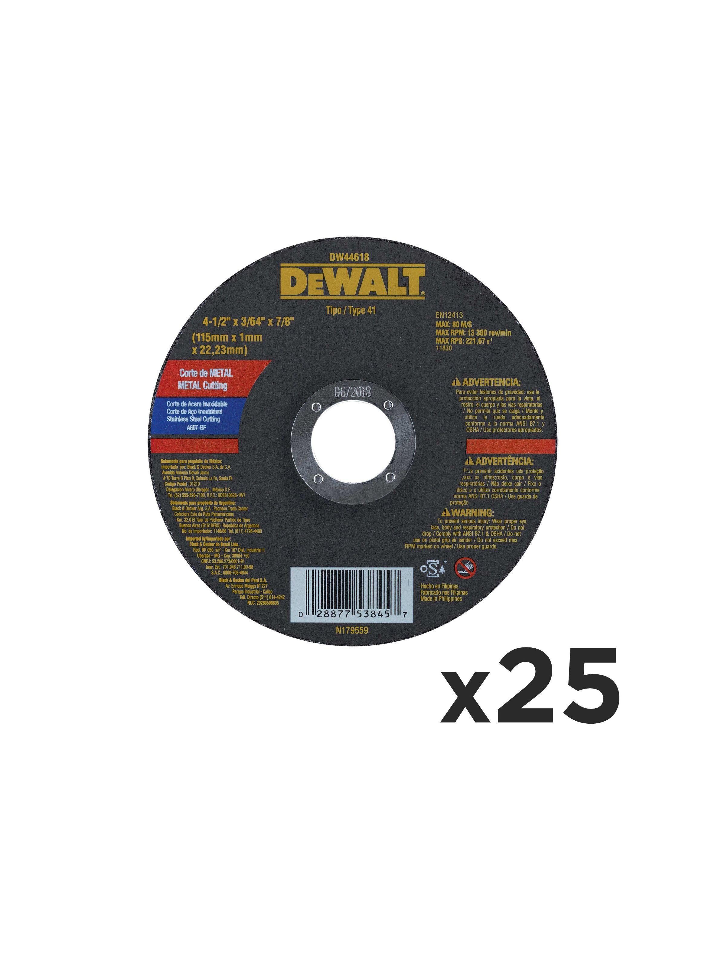 Set 25 discos corte metal/acero inoxidable DEWALT DW44618-0