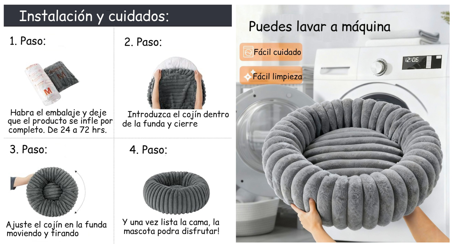 Cama Nido Donut Mascotas S Gris 50 cm Antiansiedad Perro y Gato-4