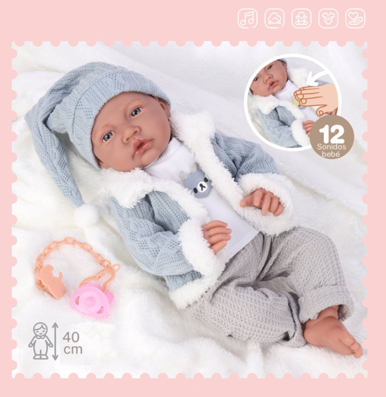 Muñeco Niño Bebé Realista 40cm Con 12 Sonidos De Apego Celeste-2