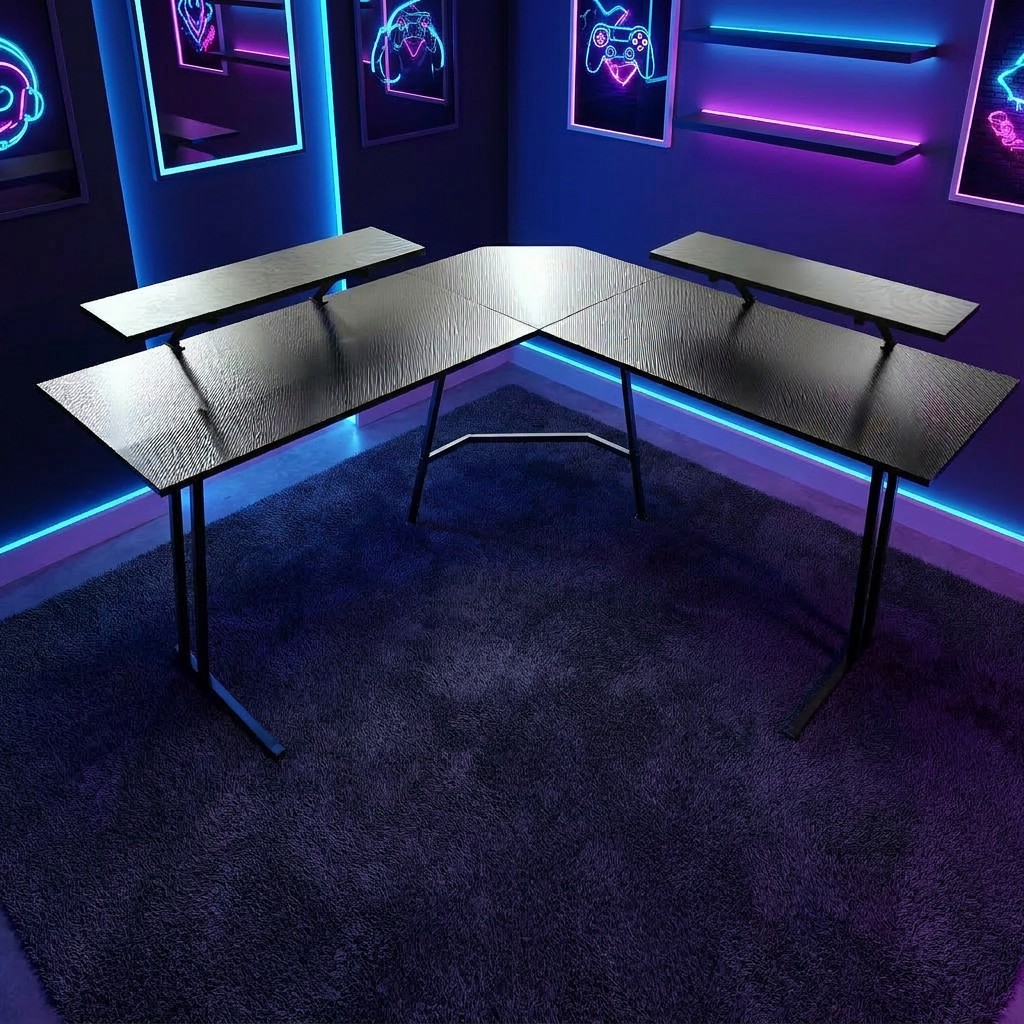 Escritorio Gamer En L Be Design con Luces LED y Cubierta Carbono Negro -6