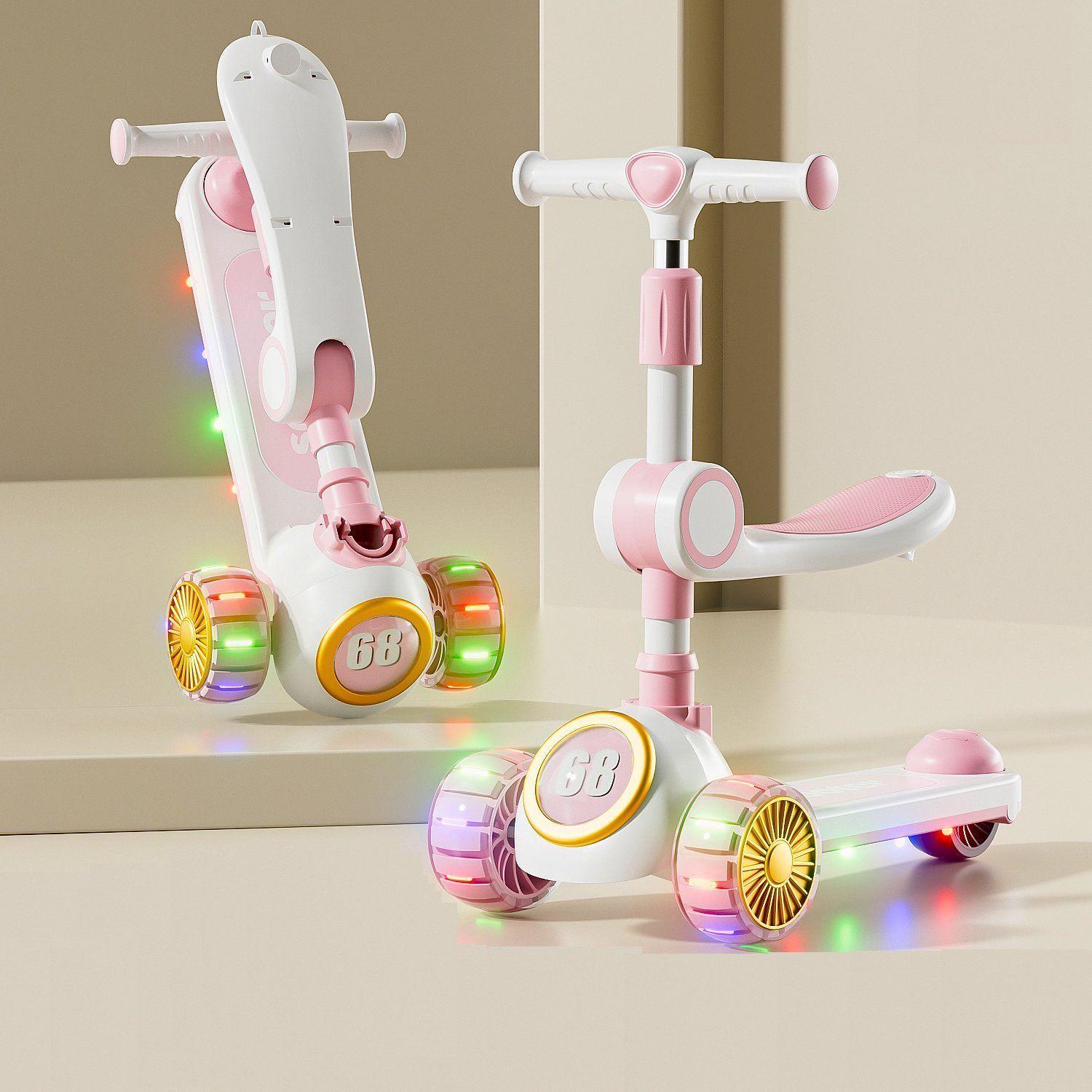 Scooter Infantil 3 en 1 Plegable Con Asiento Rosado-2