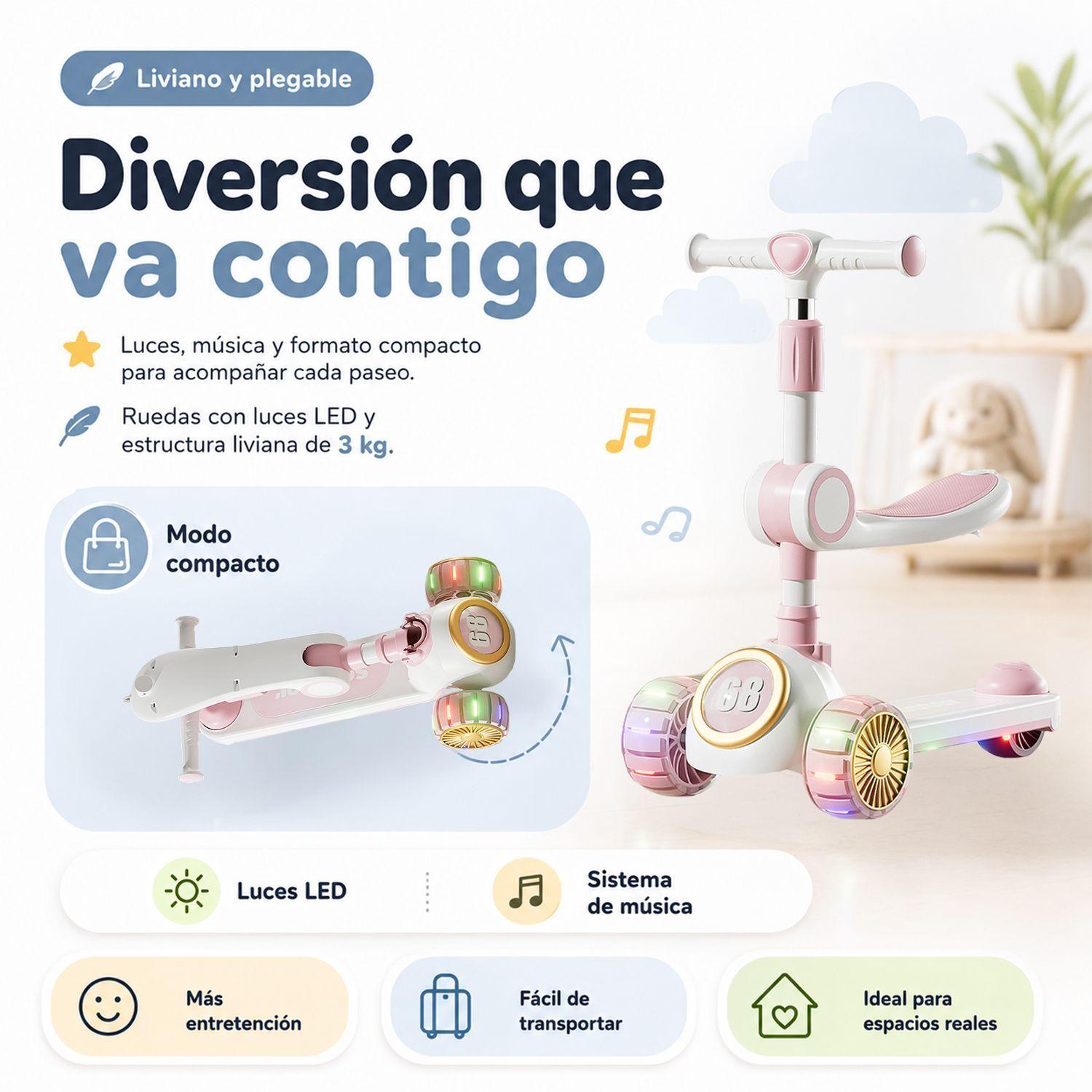 Scooter Infantil 3 en 1 Plegable Con Asiento Rosado-3