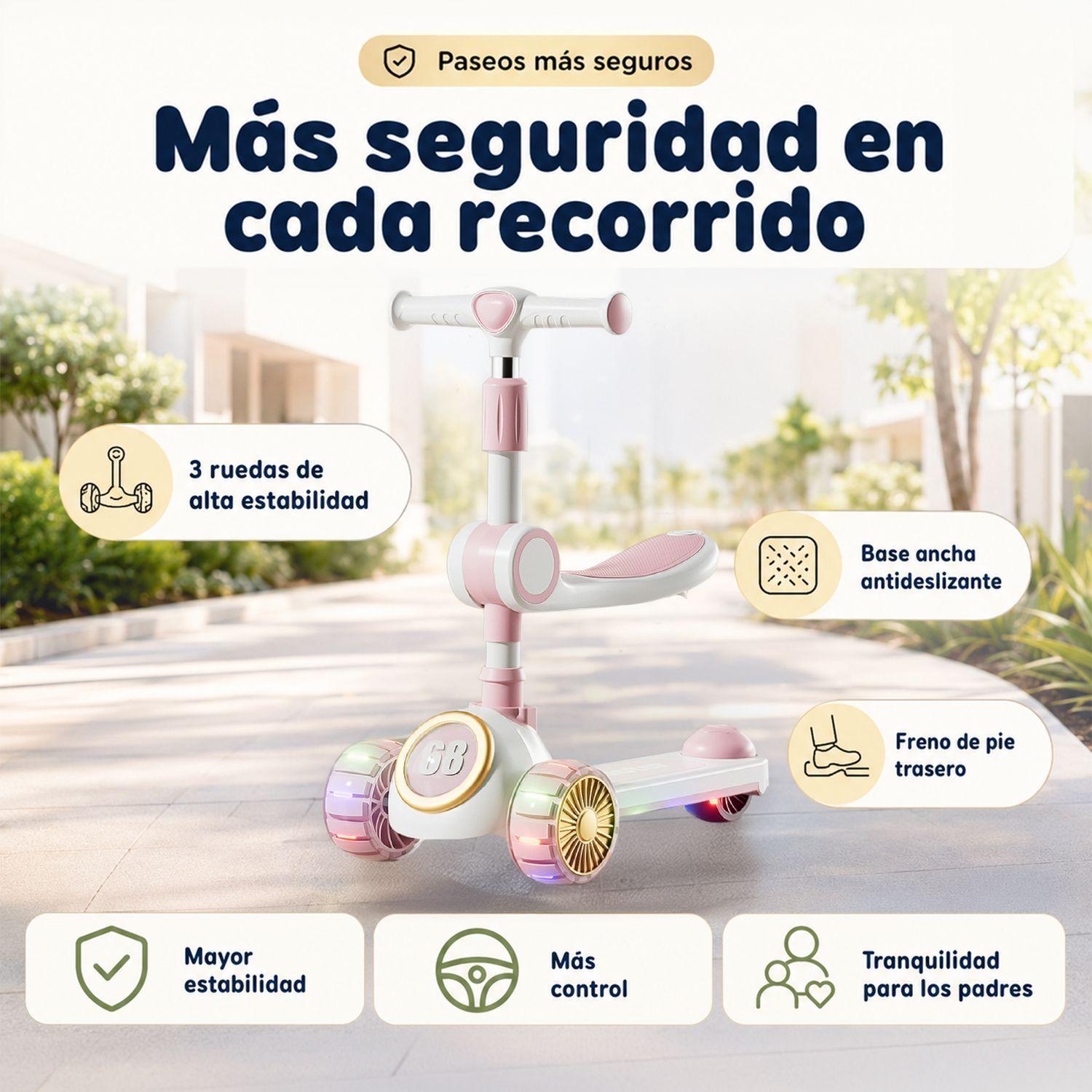 Scooter Infantil 3 en 1 Plegable Con Asiento Rosado-4