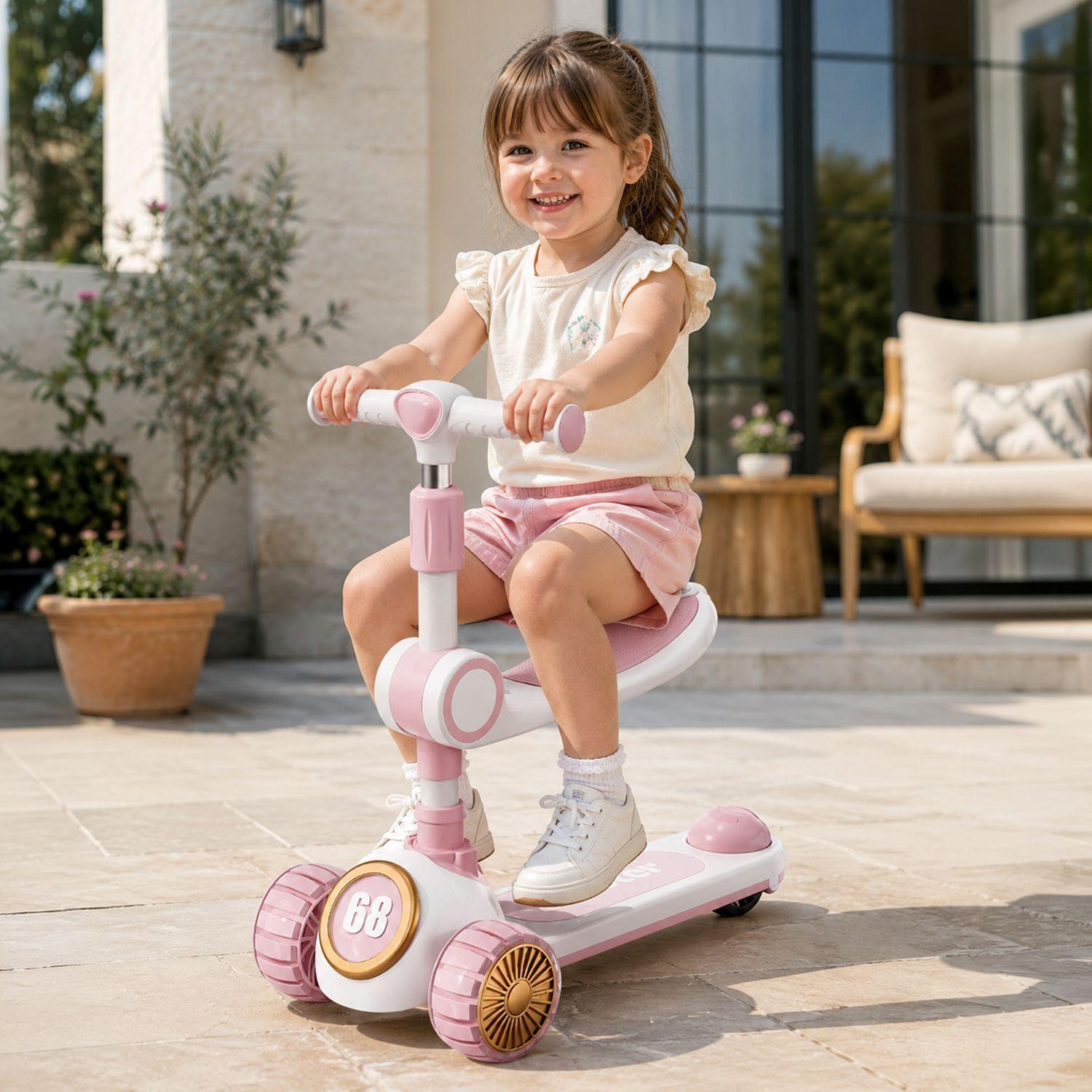 Scooter Infantil 3 en 1 Plegable Con Asiento Rosado-5