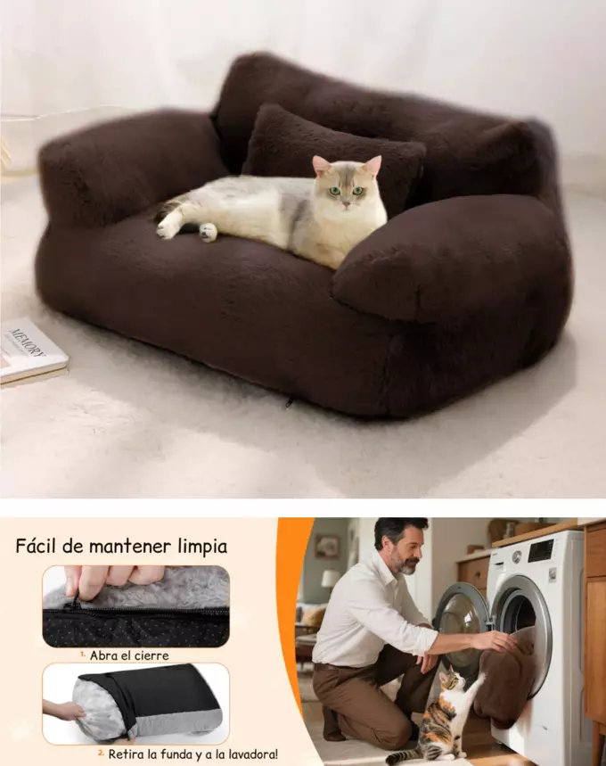 Cama Sofá Antiestrés Perro y Gato M Café Lavable-3
