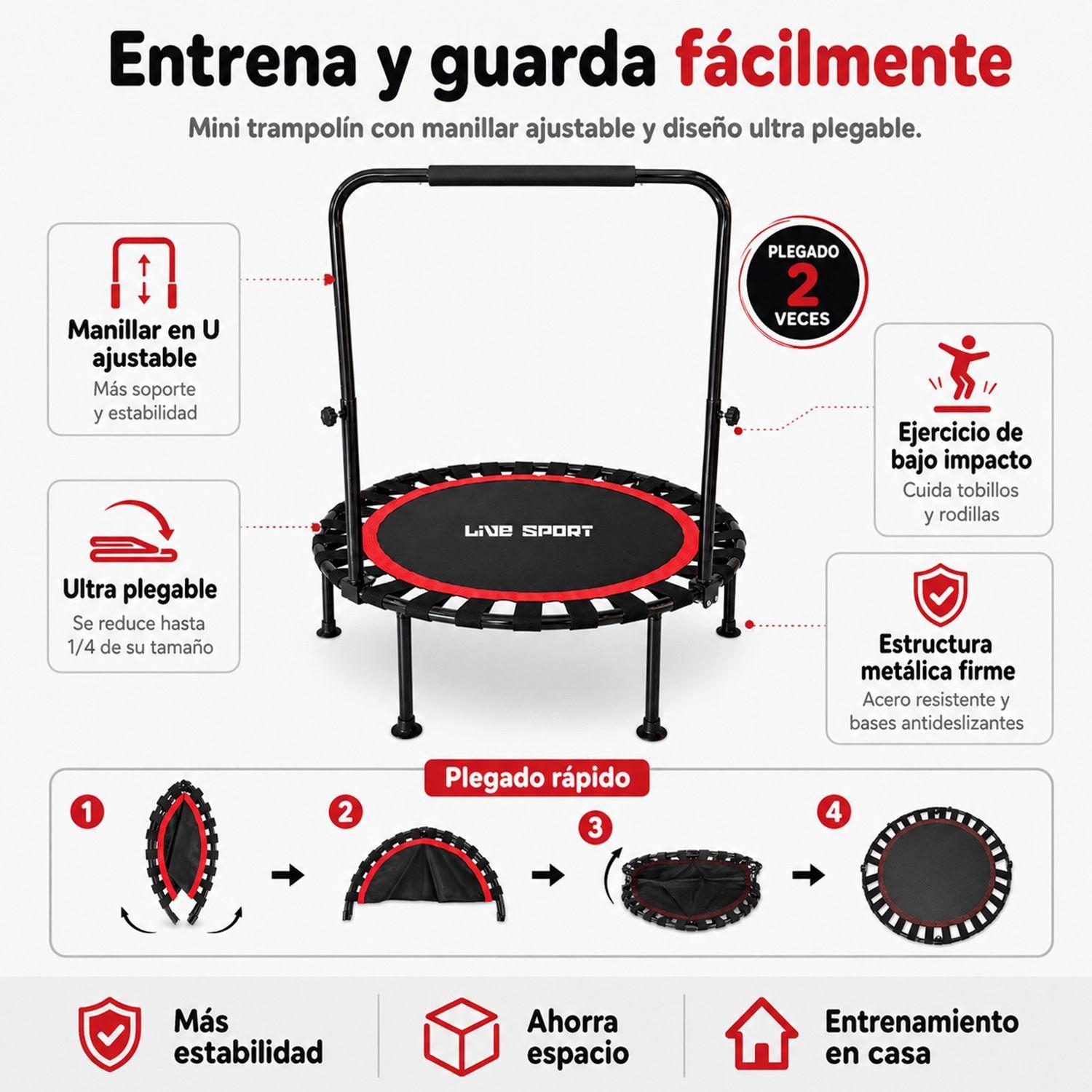 Trampolín Fitness 100 cm Con Manillar En U Plegable Live Sport -2
