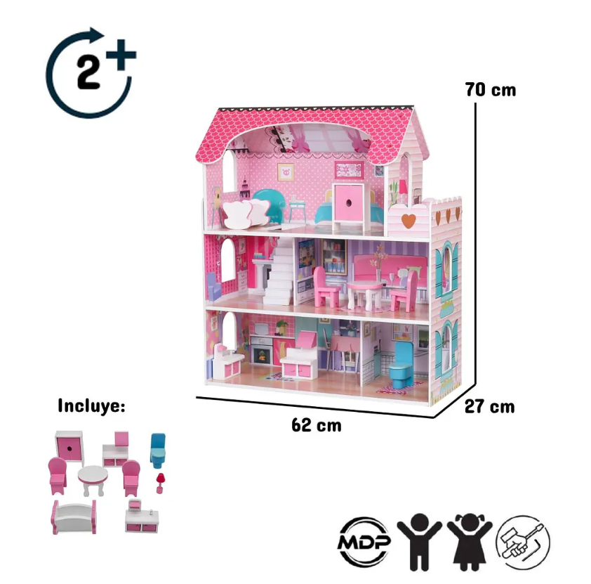 CASA DE MUÑECA MADERA 3 PISOS CON ACCESORIOS-3