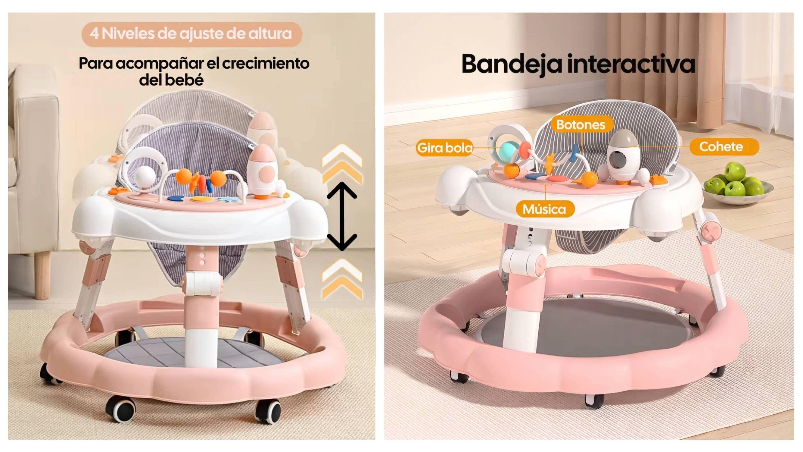 Andador Bebé Kidscool Antivuelco Plegable 4 en 1 Rosado-4