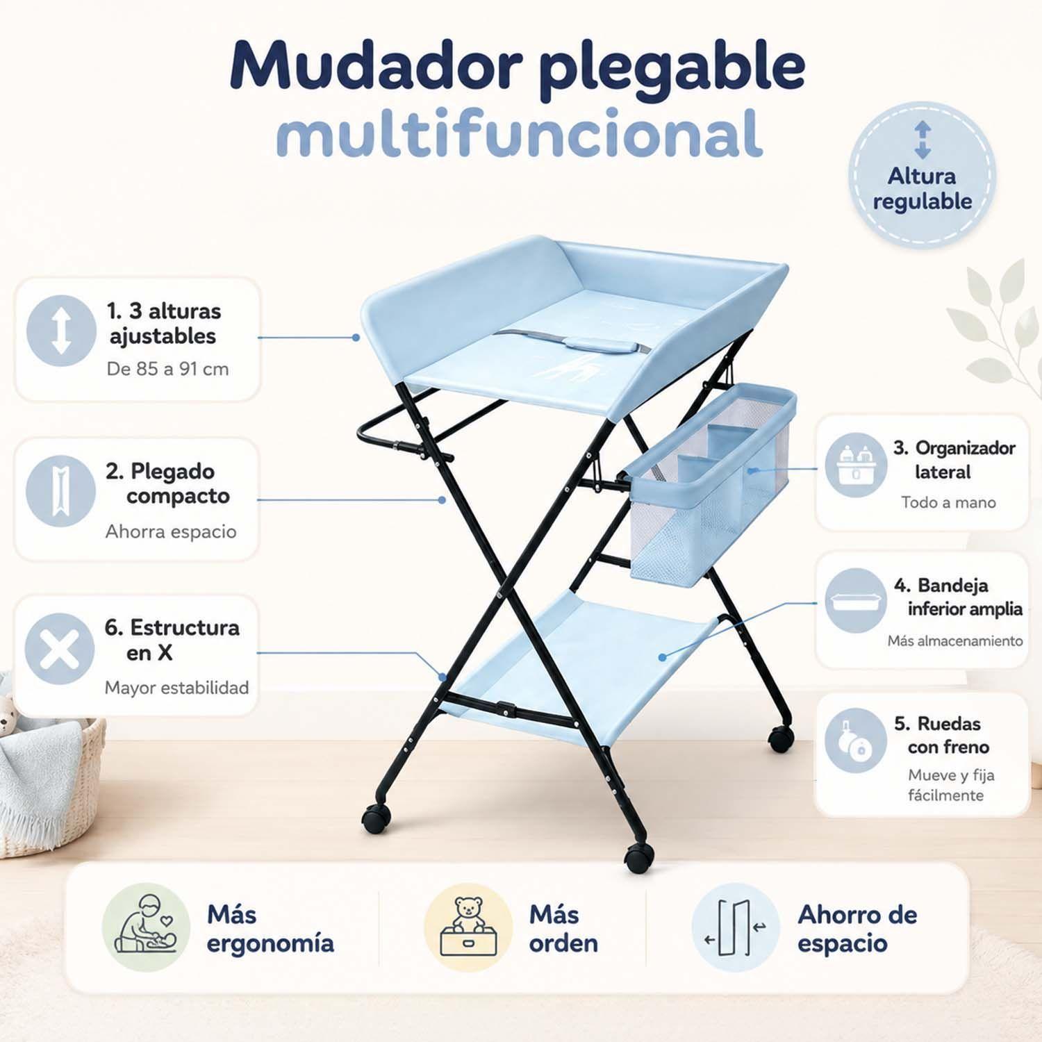 Mudador Portátil Para Bebé Kidscool Con Ruedas y Bandeja Inferior 64x79x10 cm-2
