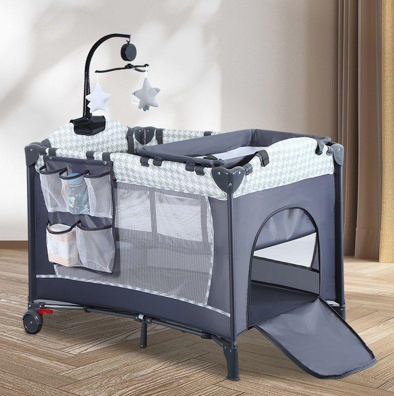 Cuna Corral Plegable Kidscool Diseño Completo Con Organizador Gris Estampado-1