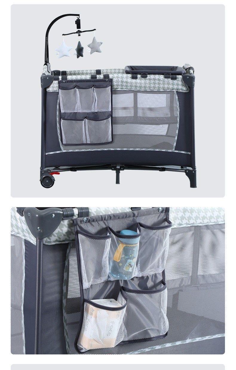 Cuna Corral Plegable Kidscool Diseño Completo Con Organizador Gris Estampado-3