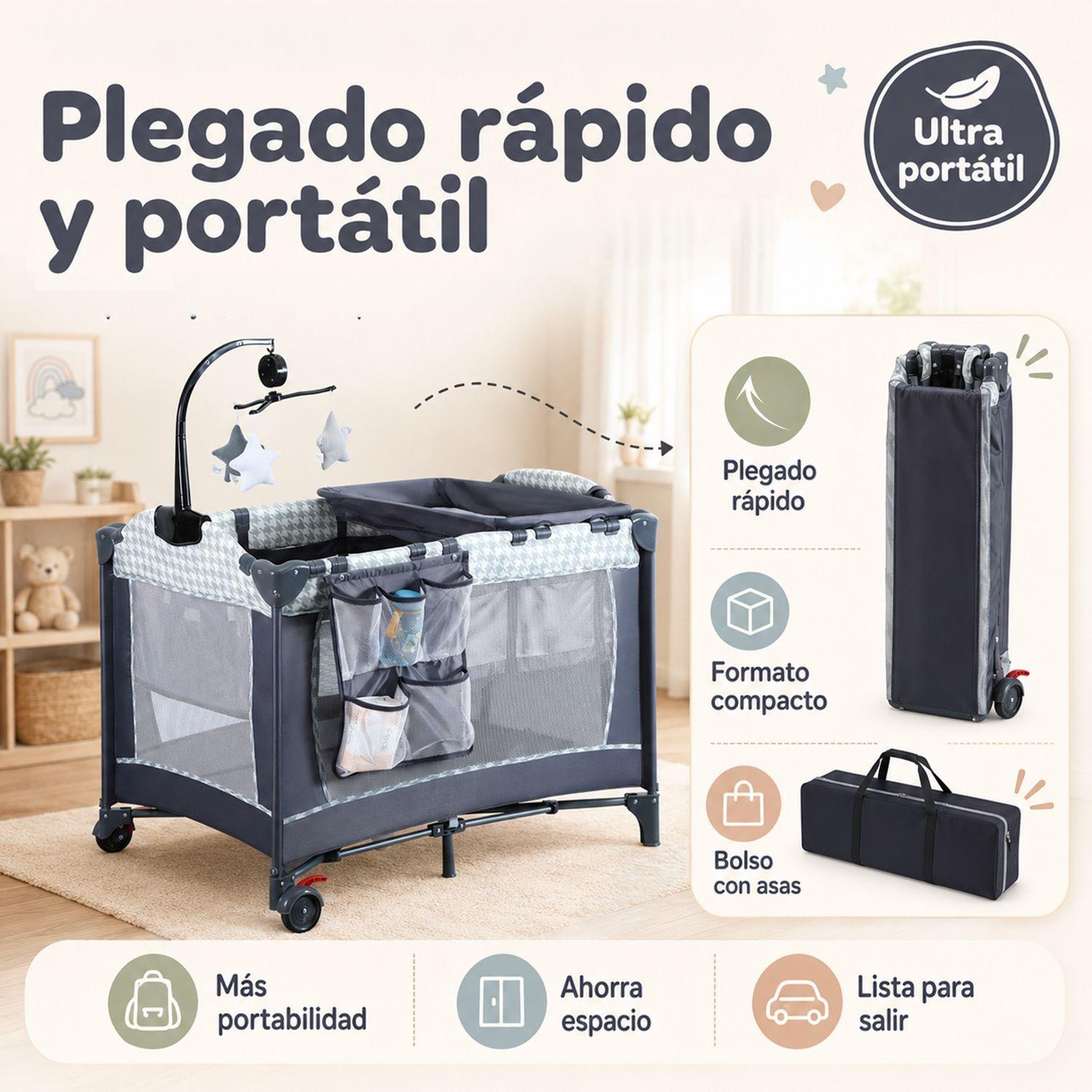 Cuna Corral Plegable Kidscool Diseño Completo Con Organizador Gris Estampado-5
