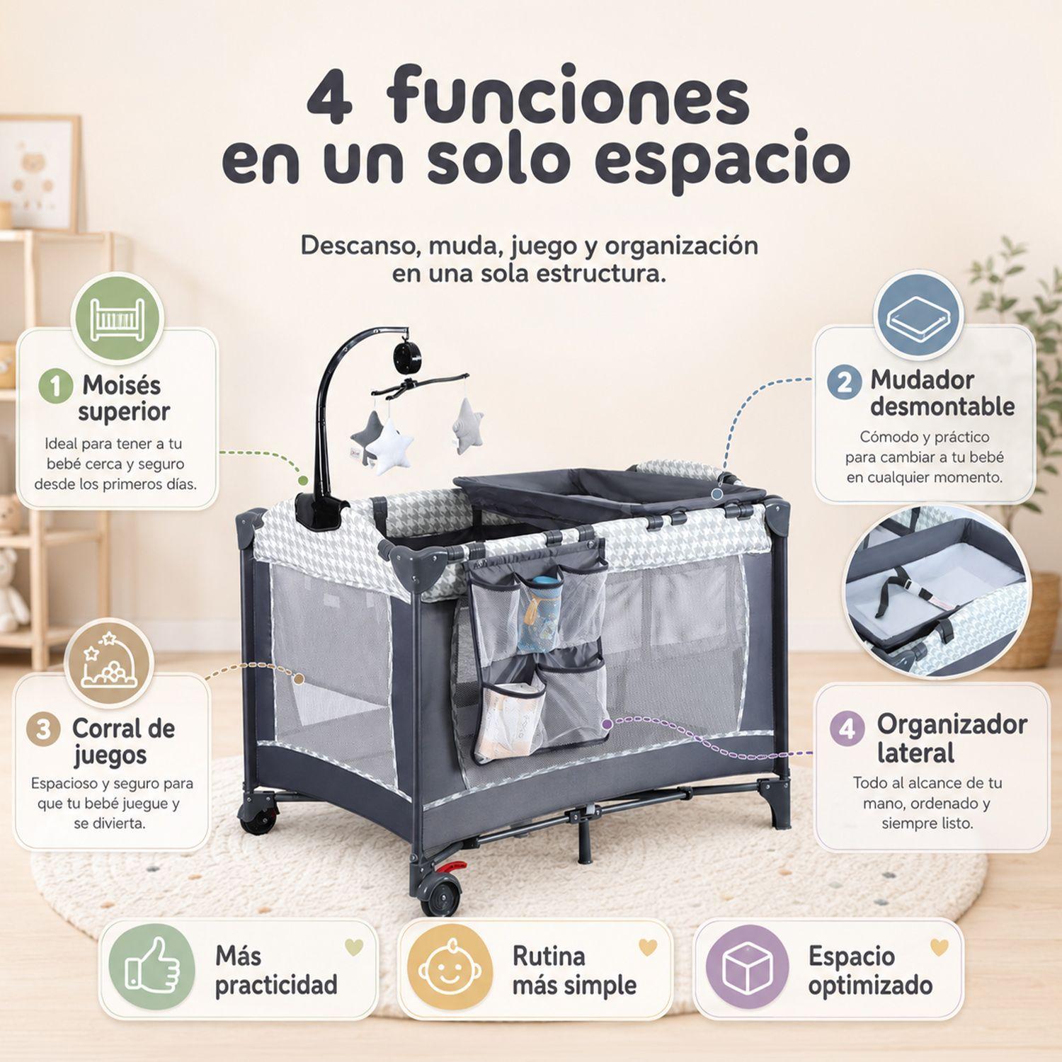 Cuna Corral Plegable Kidscool Diseño Completo Con Organizador Gris Estampado-6