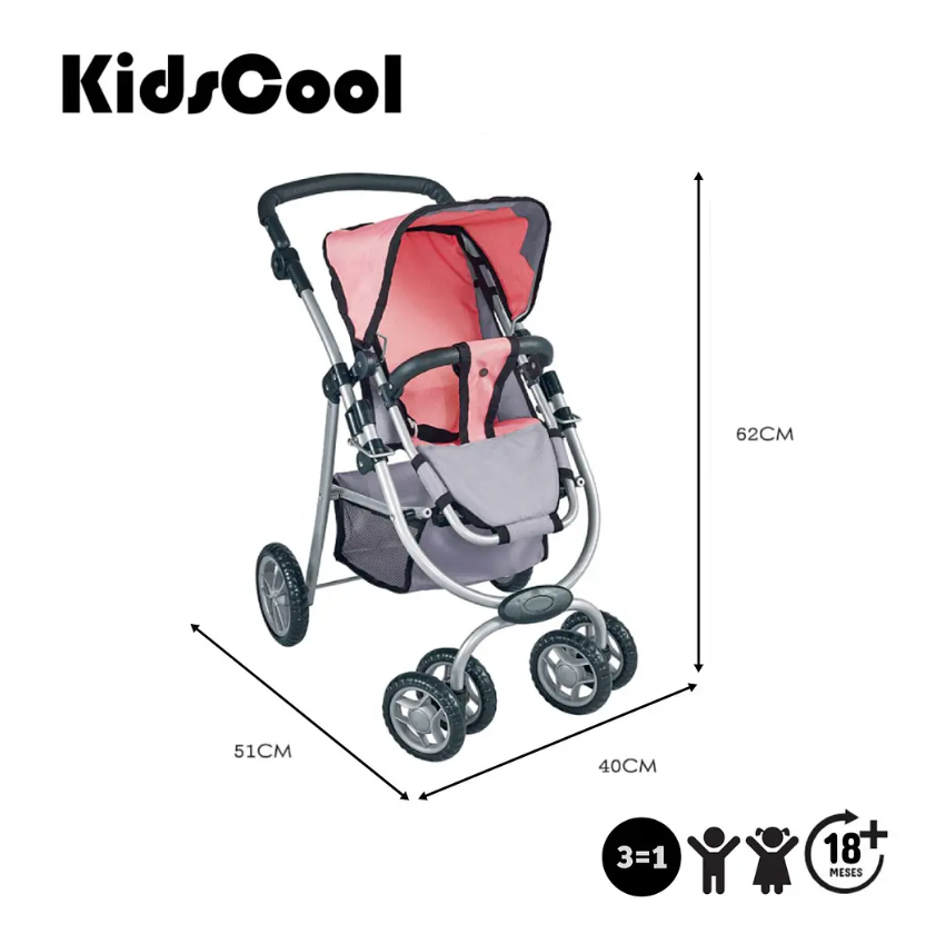 Coche de Muñeca 3 En 1 Rosado Con Manillar Ajustable-4