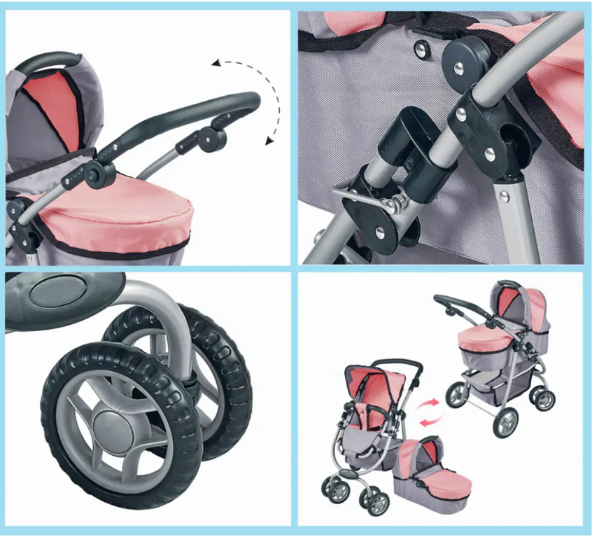 Coche de Muñeca 3 En 1 Rosado Con Manillar Ajustable-5