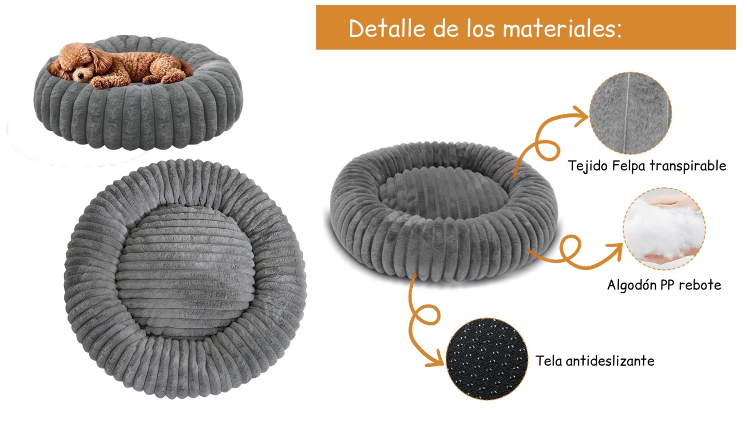 Cama Nido Donut Mascotas M Gris 60 cm Antiansiedad Perro y Gato-2