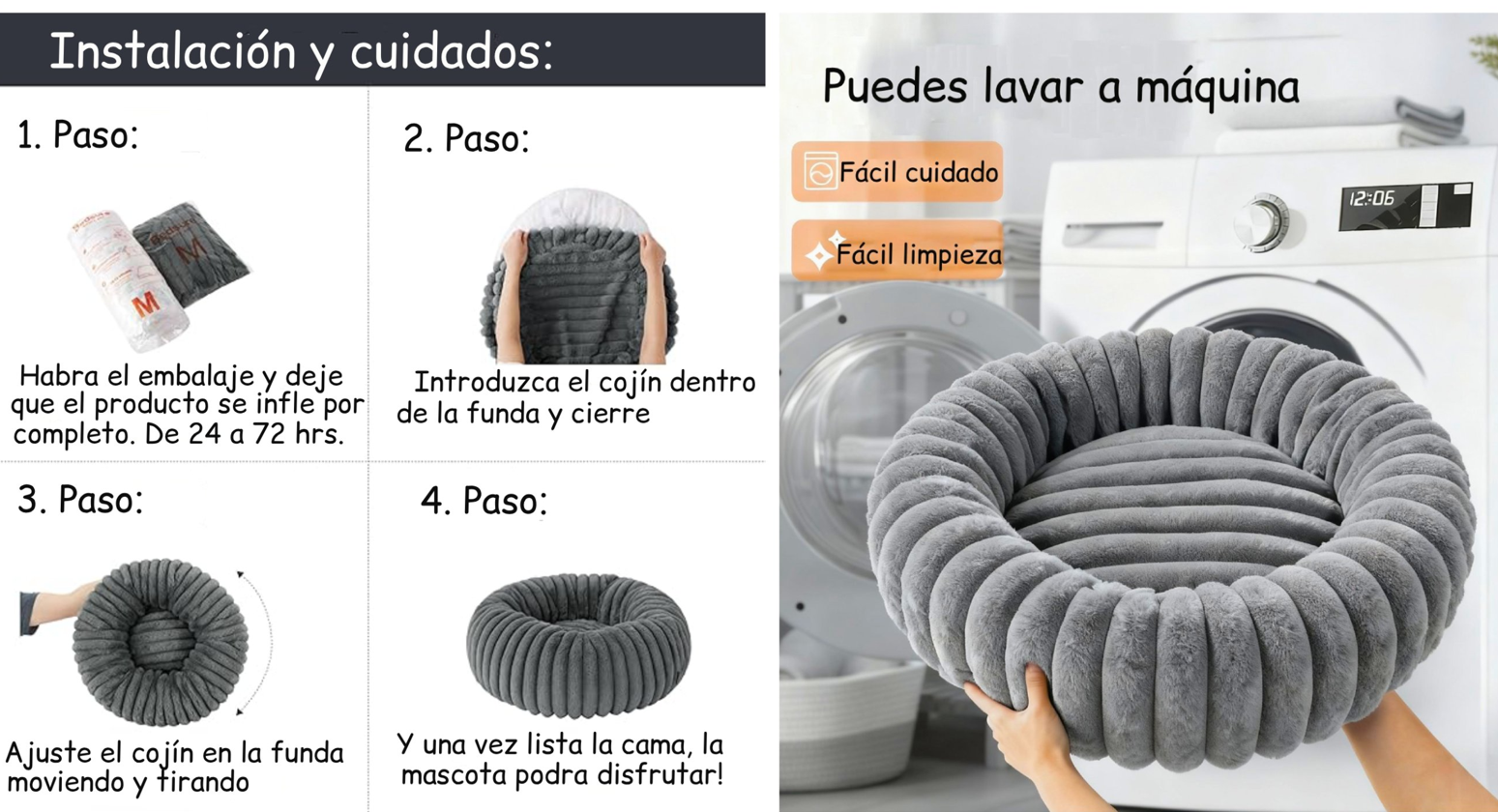 Cama Nido Donut Mascotas M Gris 60 cm Antiansiedad Perro y Gato-5